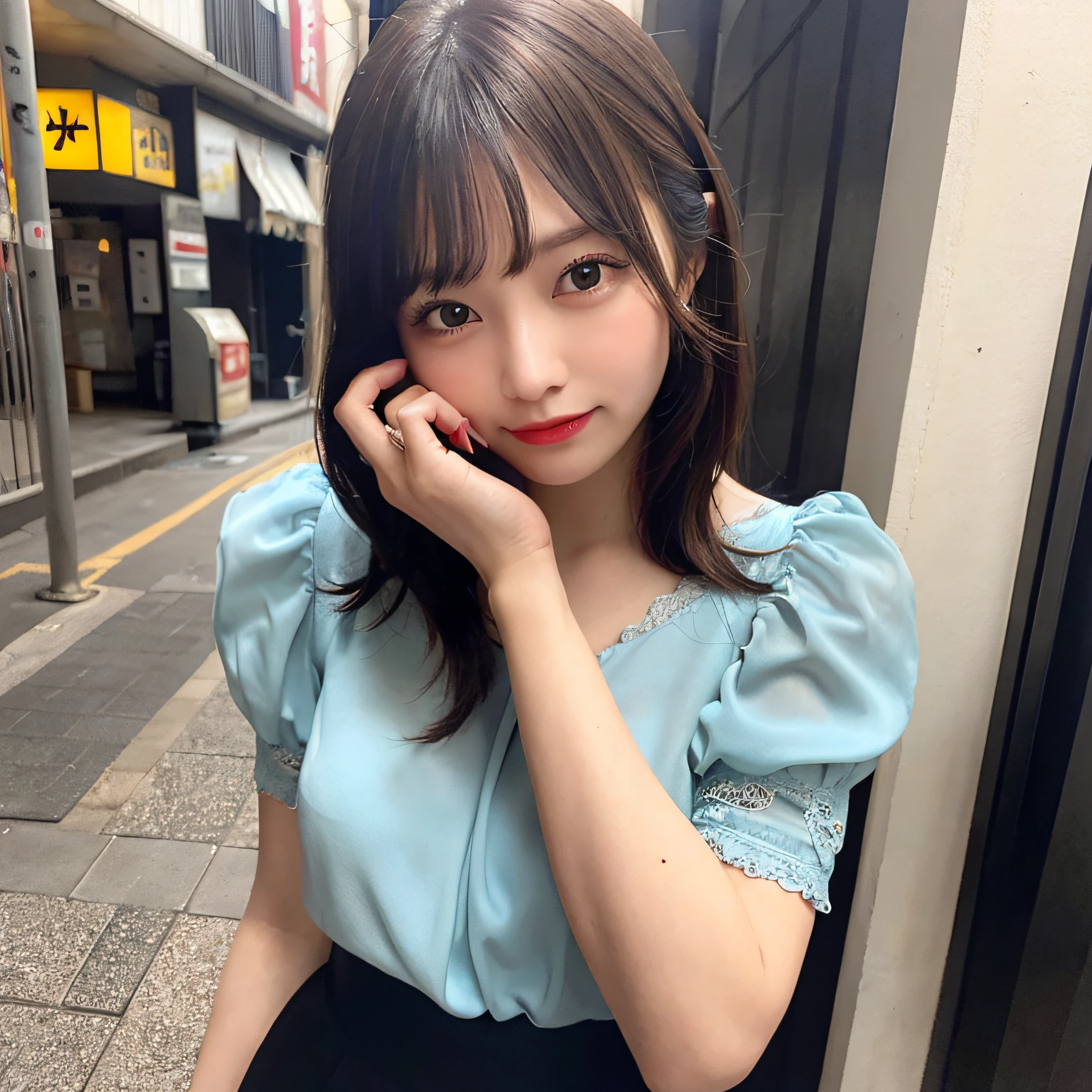 25 years old female light cyan short-sleeved blouse，Skirt that wraps hips，mid - length hair，Refined face，Redlip，Hot figure，close your eyes and kiss，facing at camera，Bust photo，highdetailskin：1.2），8K  UHD，Slr，softlighting，high qulity，filmgrain，Taken in the 20s of the 20th century