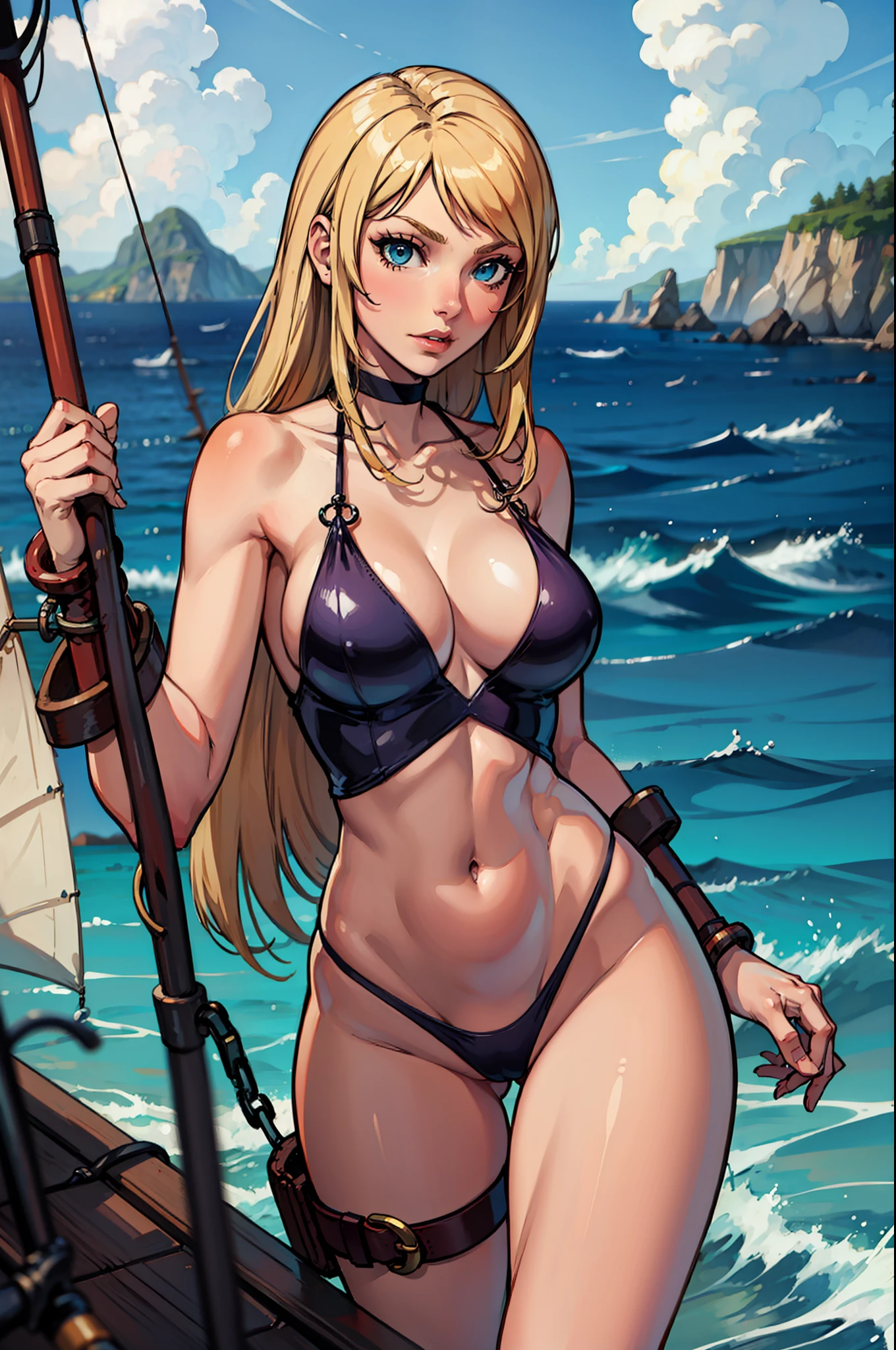 1girl, JenetMS, solo, large breasts, blurry, blurry background, sea, ocean, island, pirate ship on the horizon, leg cutout, thong