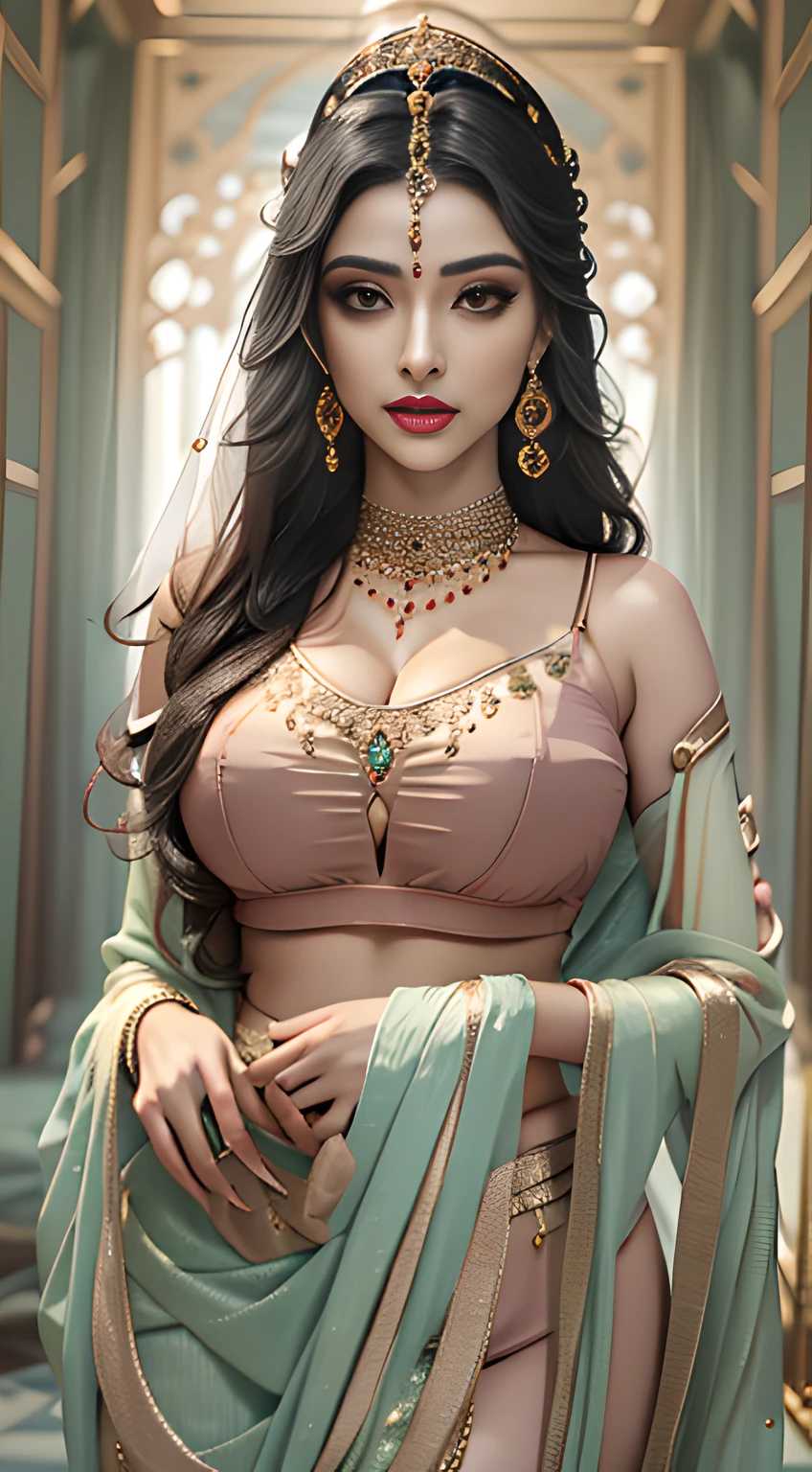 ultra realistic 8k cg, picture-perfect face, flawless, clean, masterpiece, professional artwork, famous artwork, cinematic lighting, cinematic bloom, perfect face, beautiful face, beautiful eyes, ((perfect female body, narrow waist)), black hair, perfect eyes, fair skin, gorgeous queen, royal, divine, goddess, (royal palace), fantasy, dreamlike, unreal, huge breasts, deep cleavage, beautiful clothes, sari, lace, lace trim, sfw, indian, very long hair, (rich:1.4), prestige, luxury, jewelry, intricate detail, delicate pattern, seductive, erotic, enchanting, hair ornament, necklace, earrings, bracelet, armlet