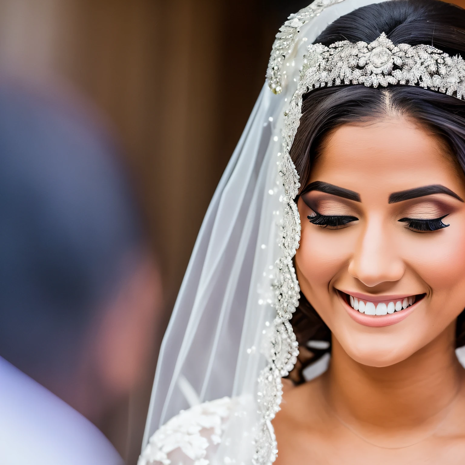 Woman in white and beautiful veil getting married smiling and very happy --auto