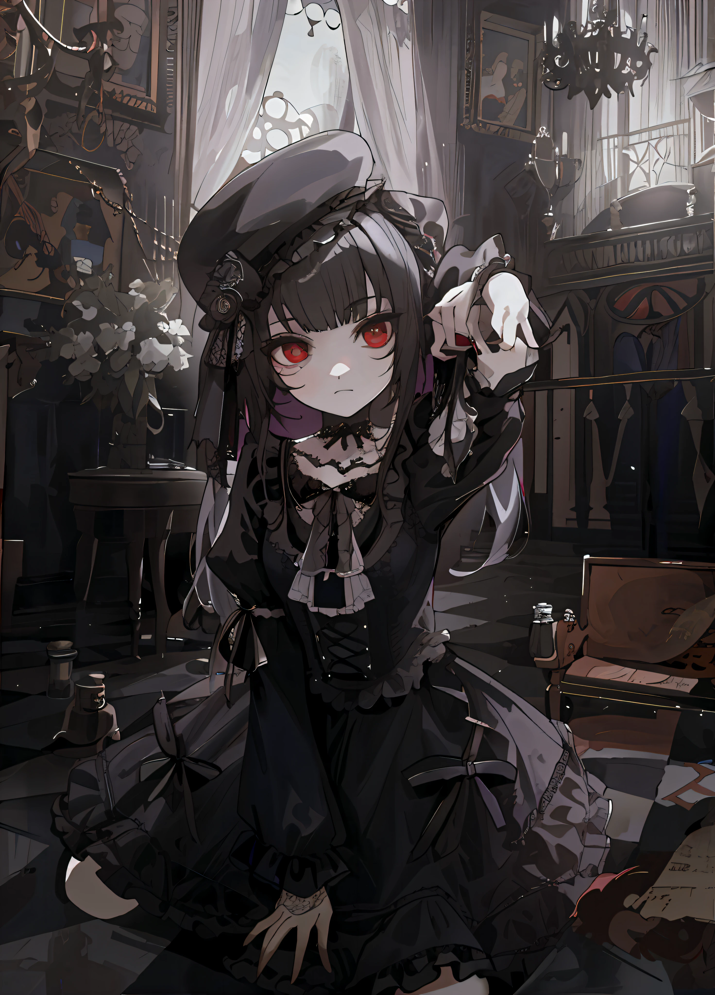 Chica de anime con un vestido negro sentada en el suelo con un sombrero puesto, Gothic anime girl Maiden, gothic art style, goth girl, Gothic!!, 1 7 -  - old me goth girl, an elegant gothic princess, Estilo de arte oscuro, Arte Barroco Oscuro, dark fantasy style, gothic art, Retrato de Lolita, victorian gothic lolita fashion, dark fantasy style art, red eyes