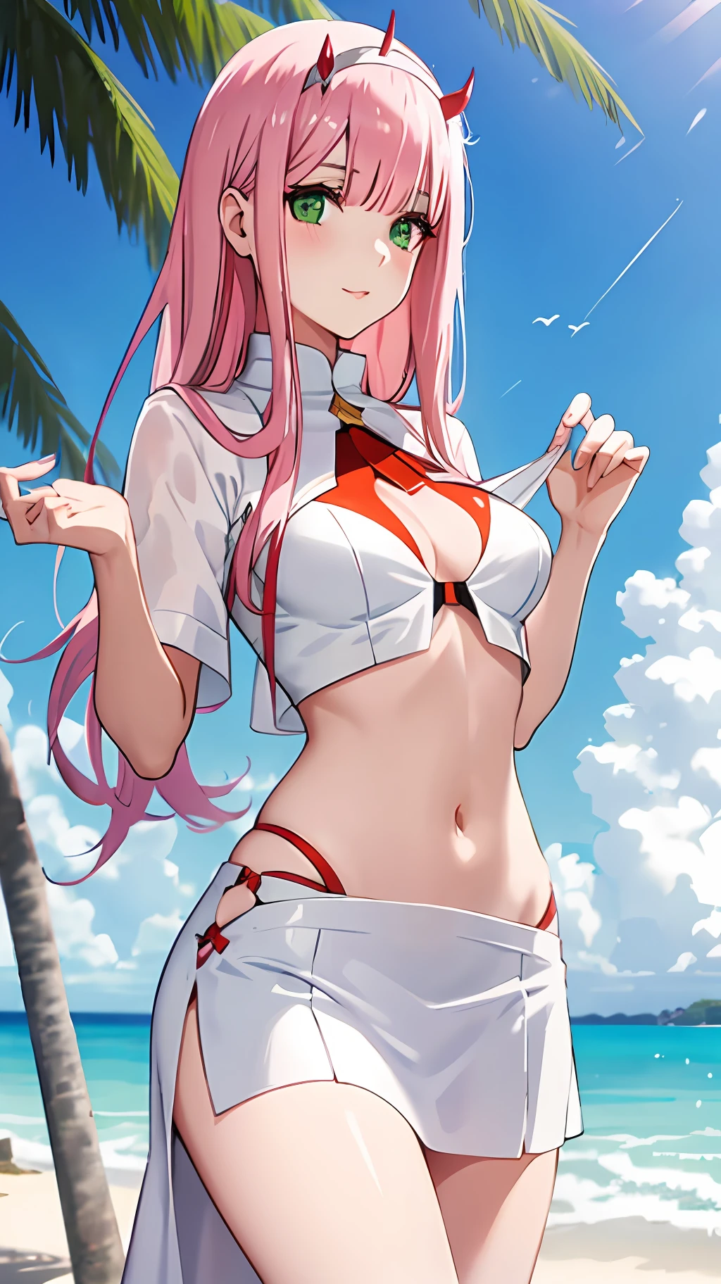 zero two, white gown, medium breast, navel, slim legs, sunny day, Beach, leaning, beautiful eyes, green eyes, nervous, skirt