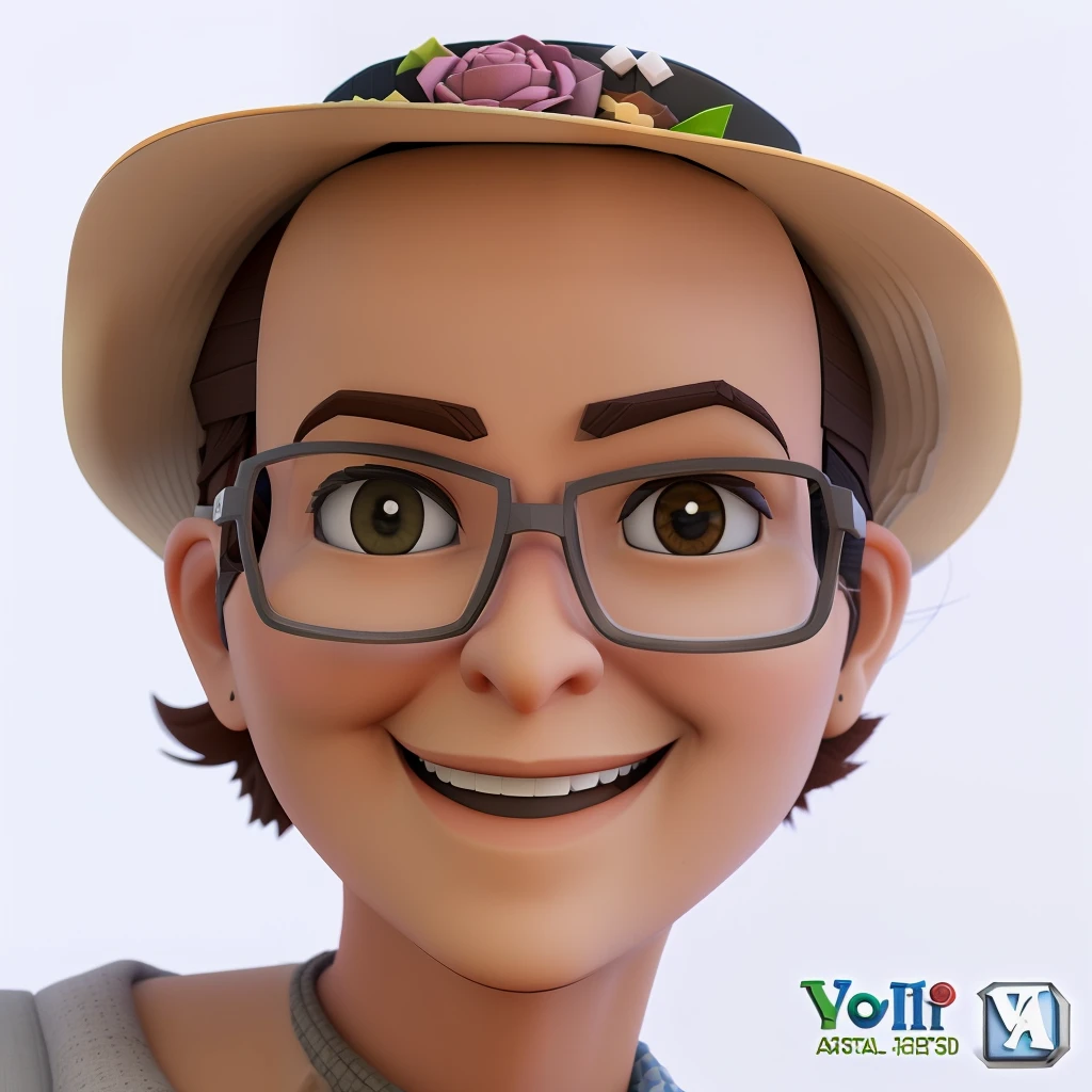 a woman with glasses and a hat smiling, Retrato da Pixar, Artista 3D, Voxelart, Retrato 3D, arte tradicional, foto de perfil headshot, como um personagem claymation, Avatar de videogame, animation character, retrato de weta disney