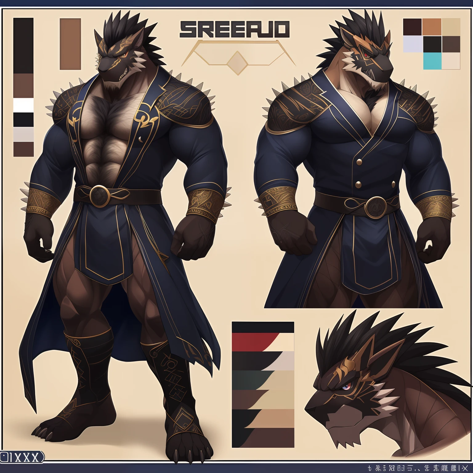 ((highest quality, masterpiece, 4k, finely detailed, detailed eyes, detailed face, intricate details, pixiv, gelbooru)), (((reference sheet, full body pose))), male, spikey hairstyle, black hair, revealing clothing, sharp eyes, intense pose, handsome sharp features, masculine, muscular, hairy, manly