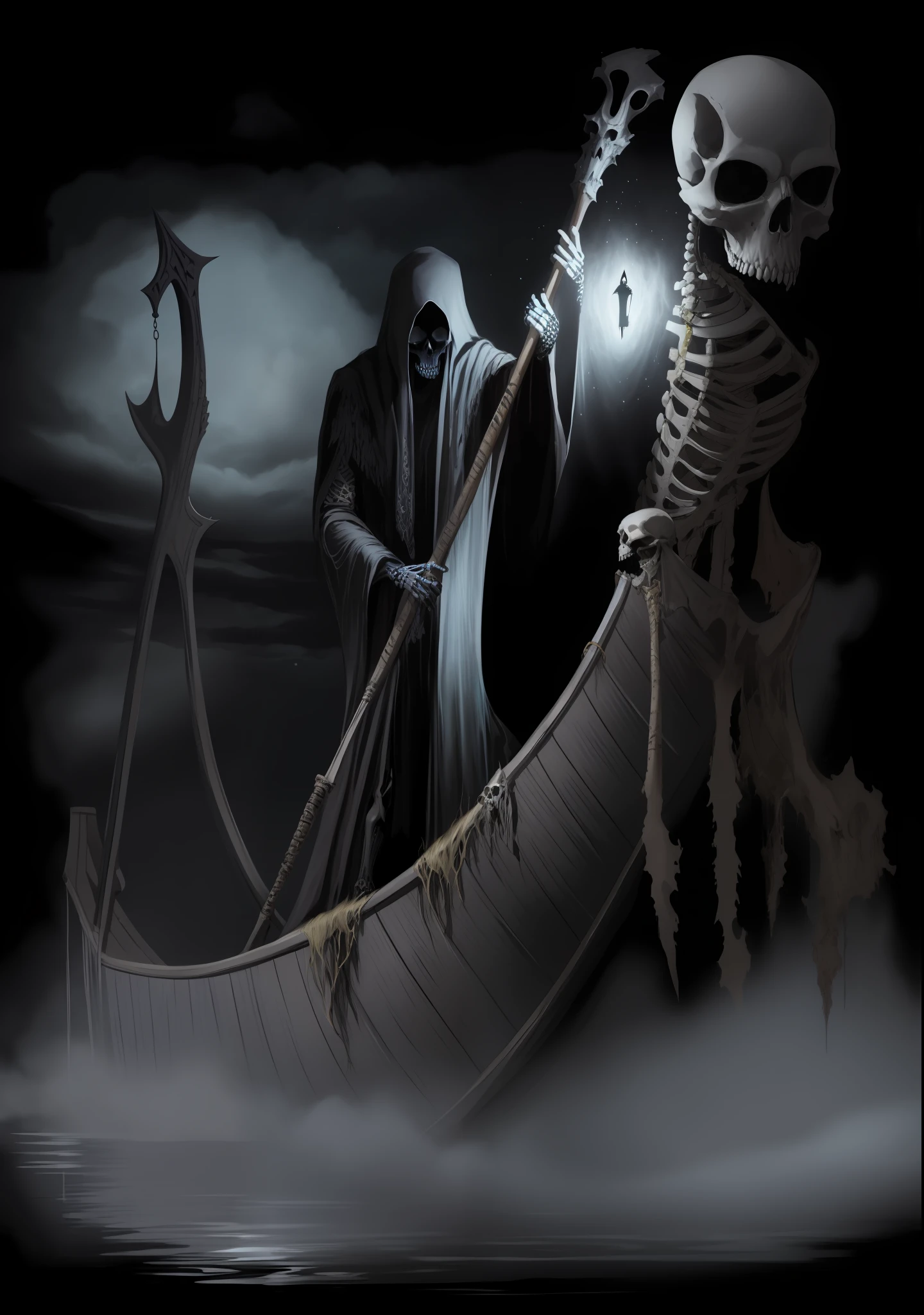 a picture taken from a boat with skeletons on it, charon the ferryman of hades, reminded me of the grim reaper, the grim reaper, grim reaper, reaper of night!!!!, dark fantasy horror art, fantasy dark art, the harbringer of death, beautiful male god of death, god of death, dark fantasy art, an ominous fantasy illustration