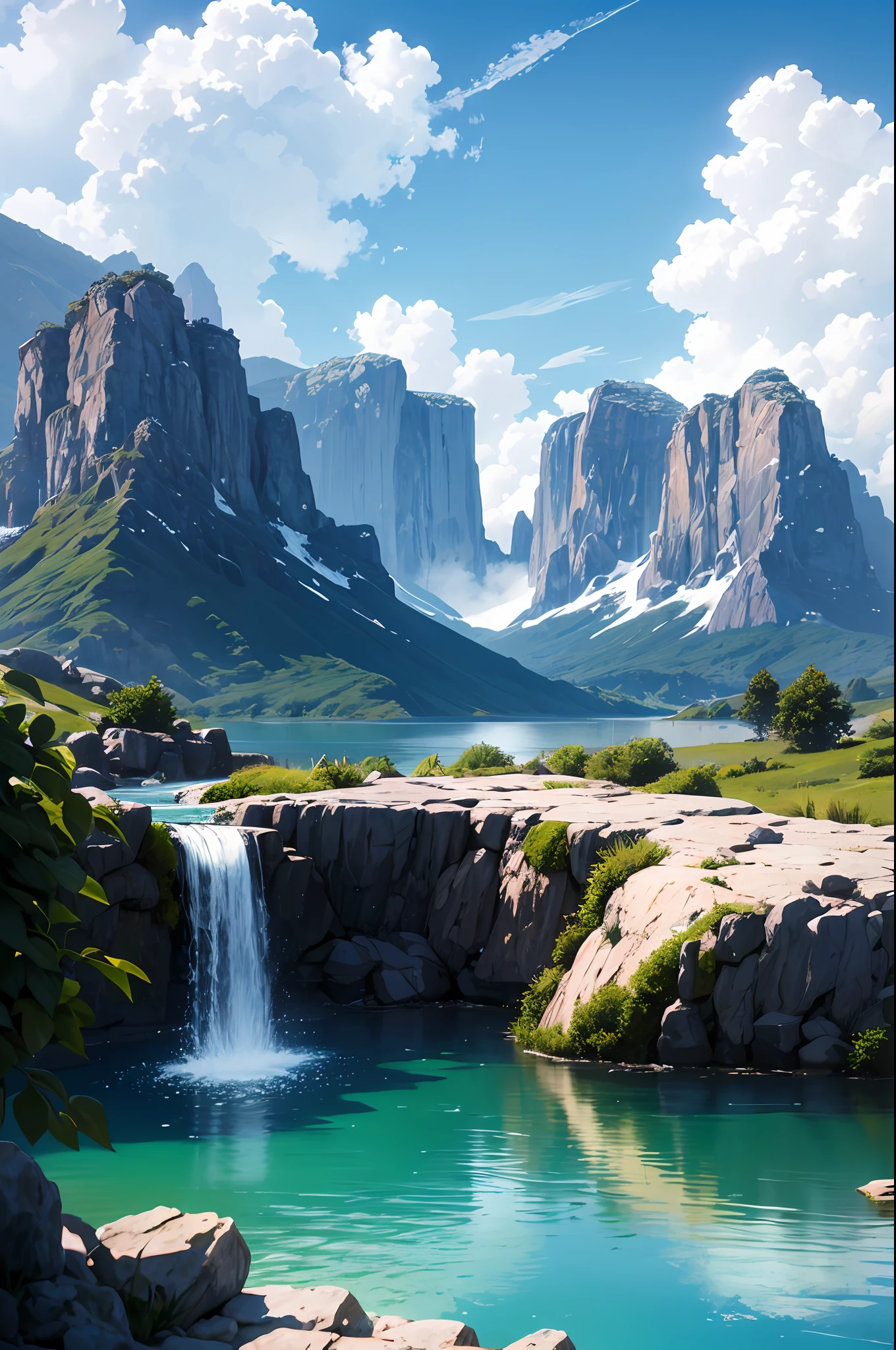 (tmasterpiece, beste-Qualit: 2), hiquality, Extremely detailed CG unity 8k wallpapers, scenery, En plein air, The sky, Cloud, jour, Without people, mountain, scenery, water, a tree, blue skies, water fall, Rock, Nature, lake, Stone house, kali, cloudy skies, award-winning photo, bokeh, Depth of field, HDR, flowering, chromatic aberration, photo-realistic, extremely detialed, Trending on ArtStation, Trend of CGsociety, intrikate, higly detailed, dramatic, dramatic,  The Art of Midjourney, (Without people)