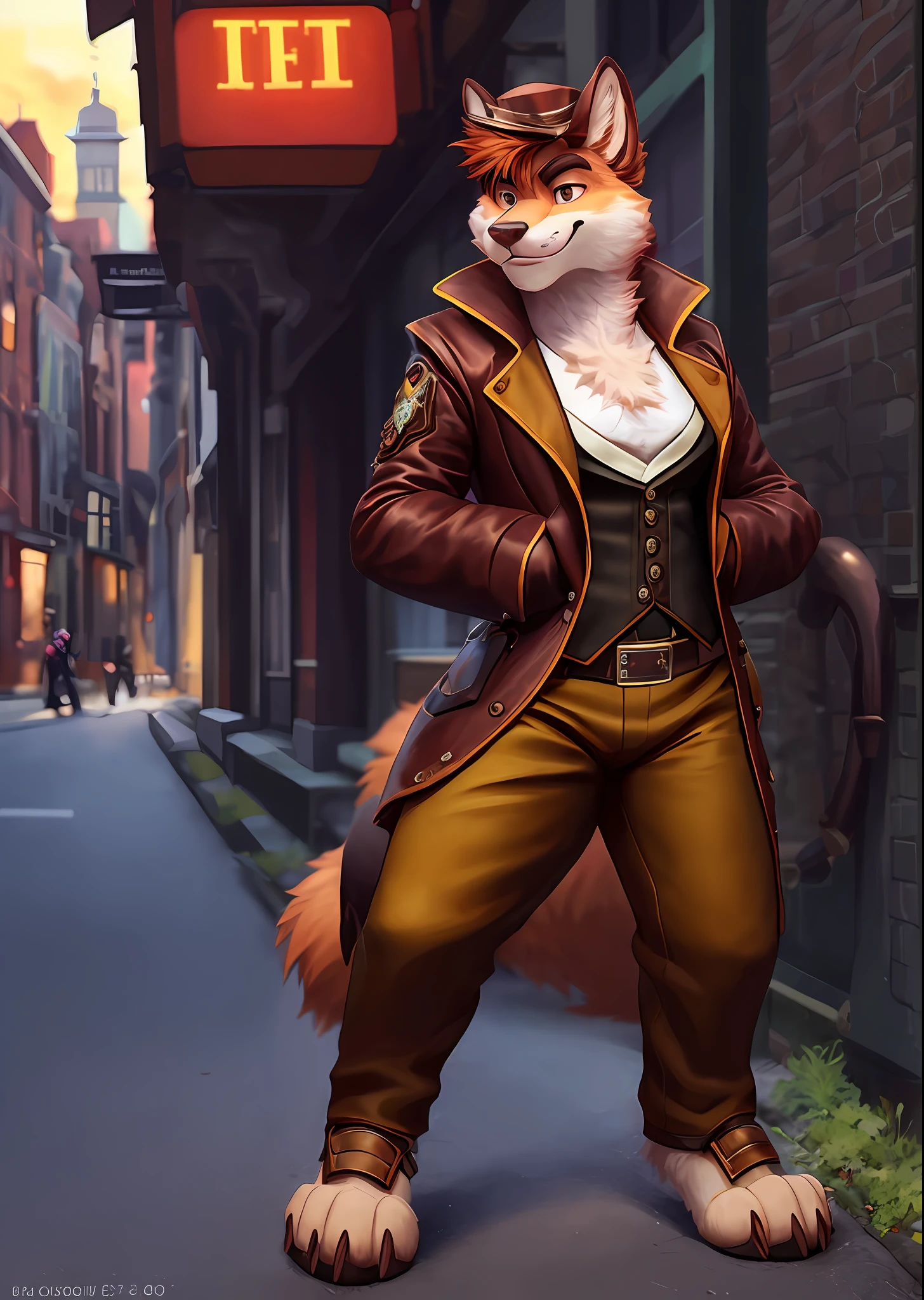 (furry art, uploaded on e621:1.4), 1boy, (solo_focus), (female) (furry:1.5) anthro, (upper body:1.3), on street, solo focus, detailed face, detailed eyes, detailed fluffy fur, fluffy tail, short hair, digitigrade, seductive pose, suit, fancy pants, digital painting, natural lighting, photorealistic (business suit:1.1), (smug face), smiling (cocky), steampunk