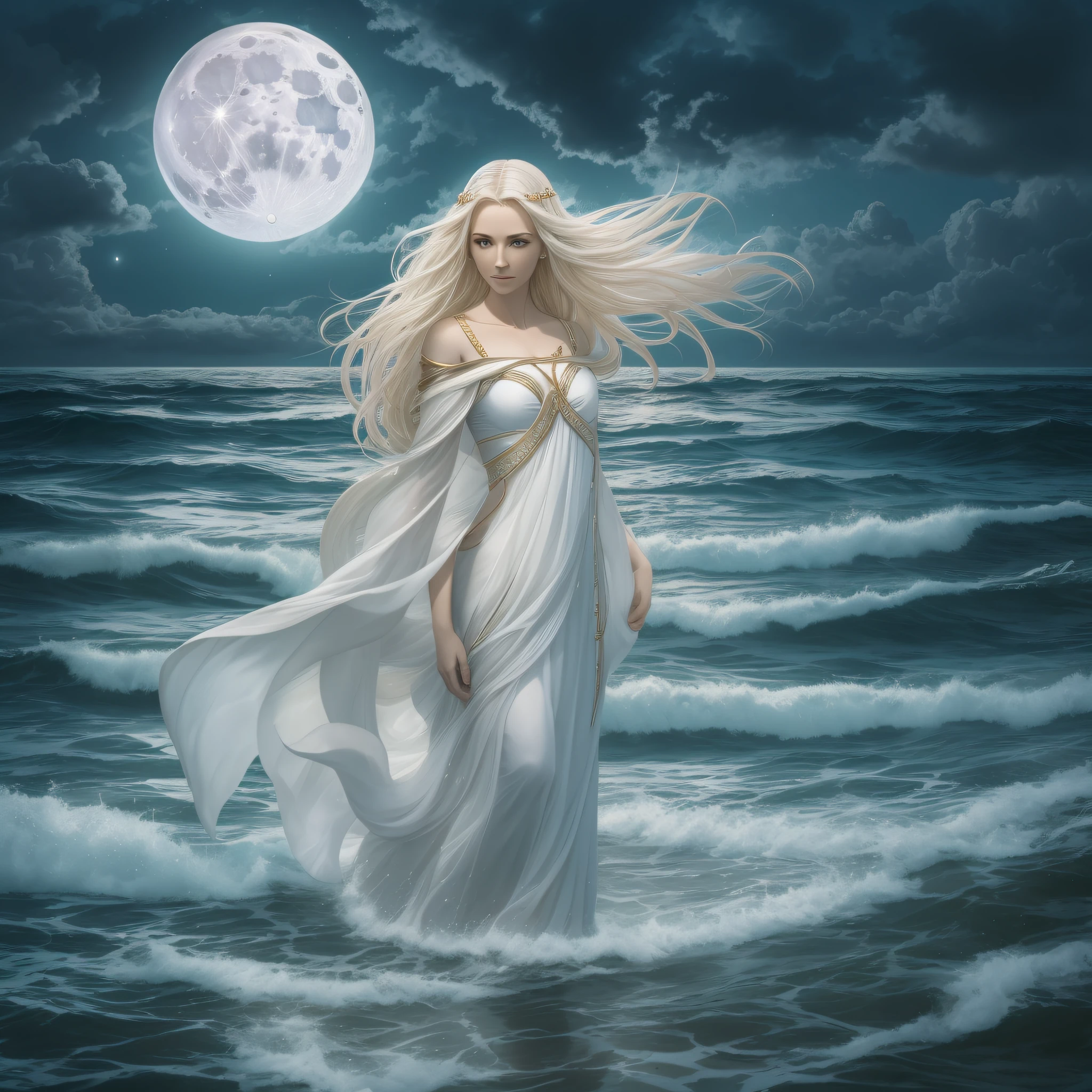 A white blonde goddess is coming from Ocean, she is standing above waters, Full Moon at sky