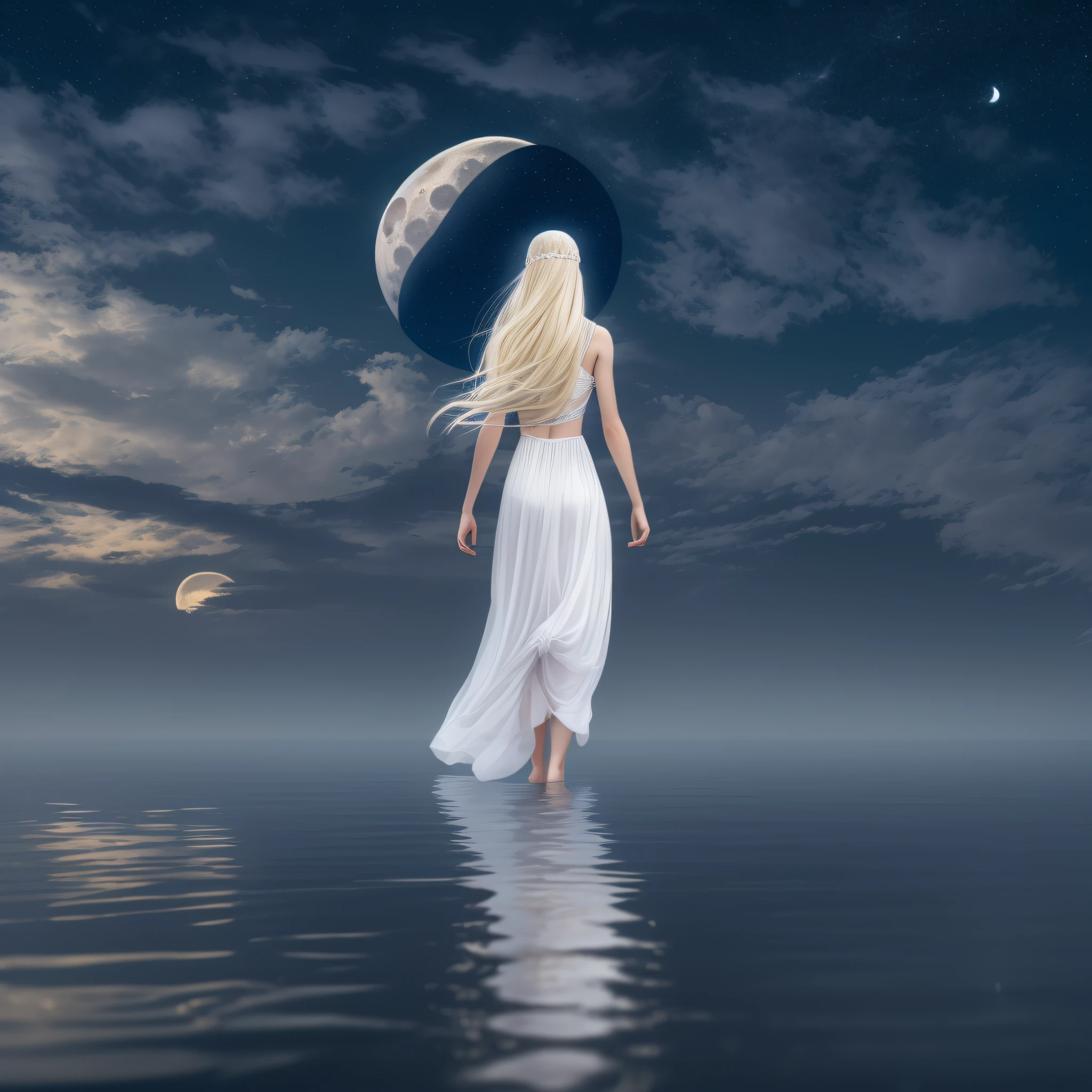 A white blonde goddess is coming from Ocean, she is standing above waters, Full Moon at sky