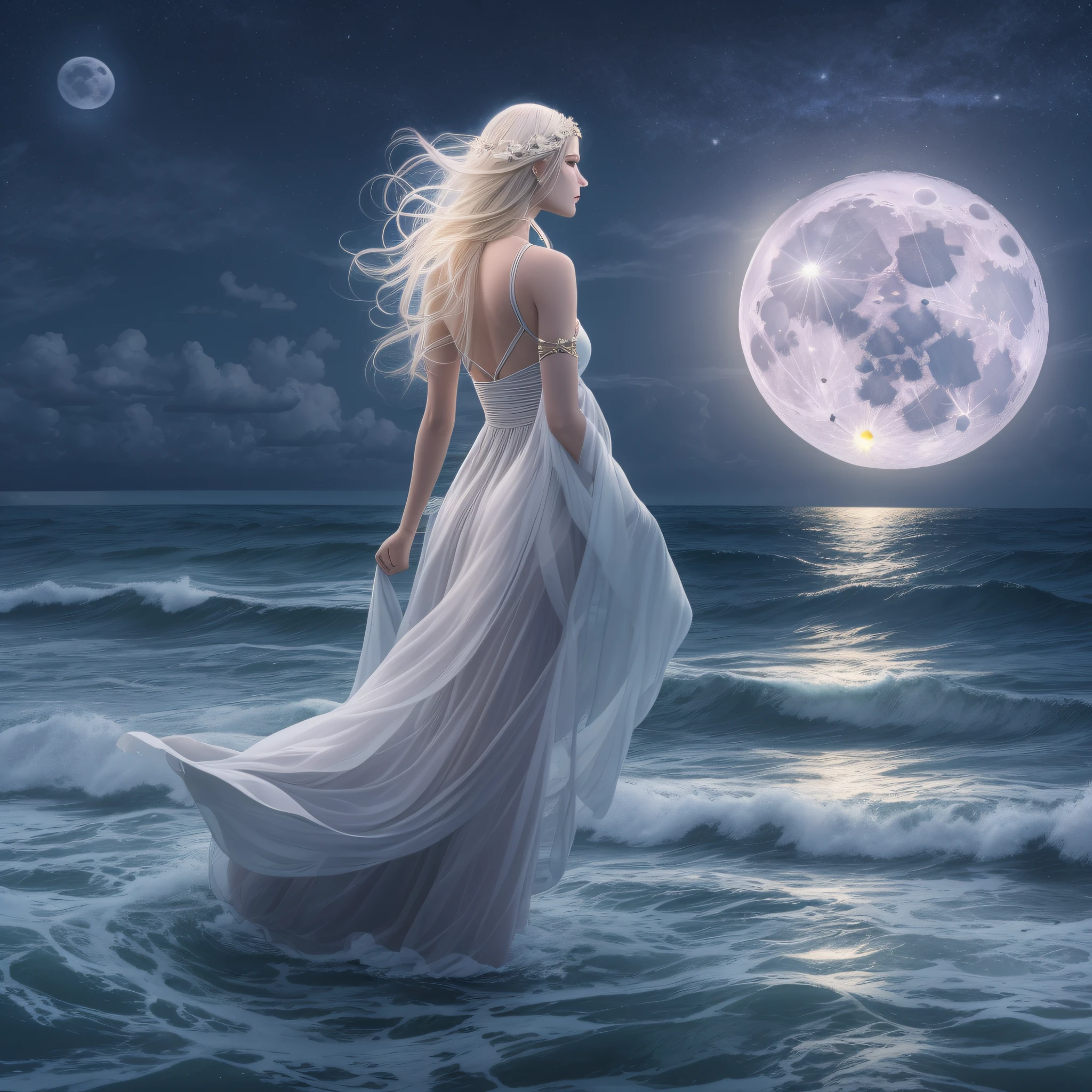 A white blonde goddess is coming from Ocean, she is standing above waters, Full Moon at sky