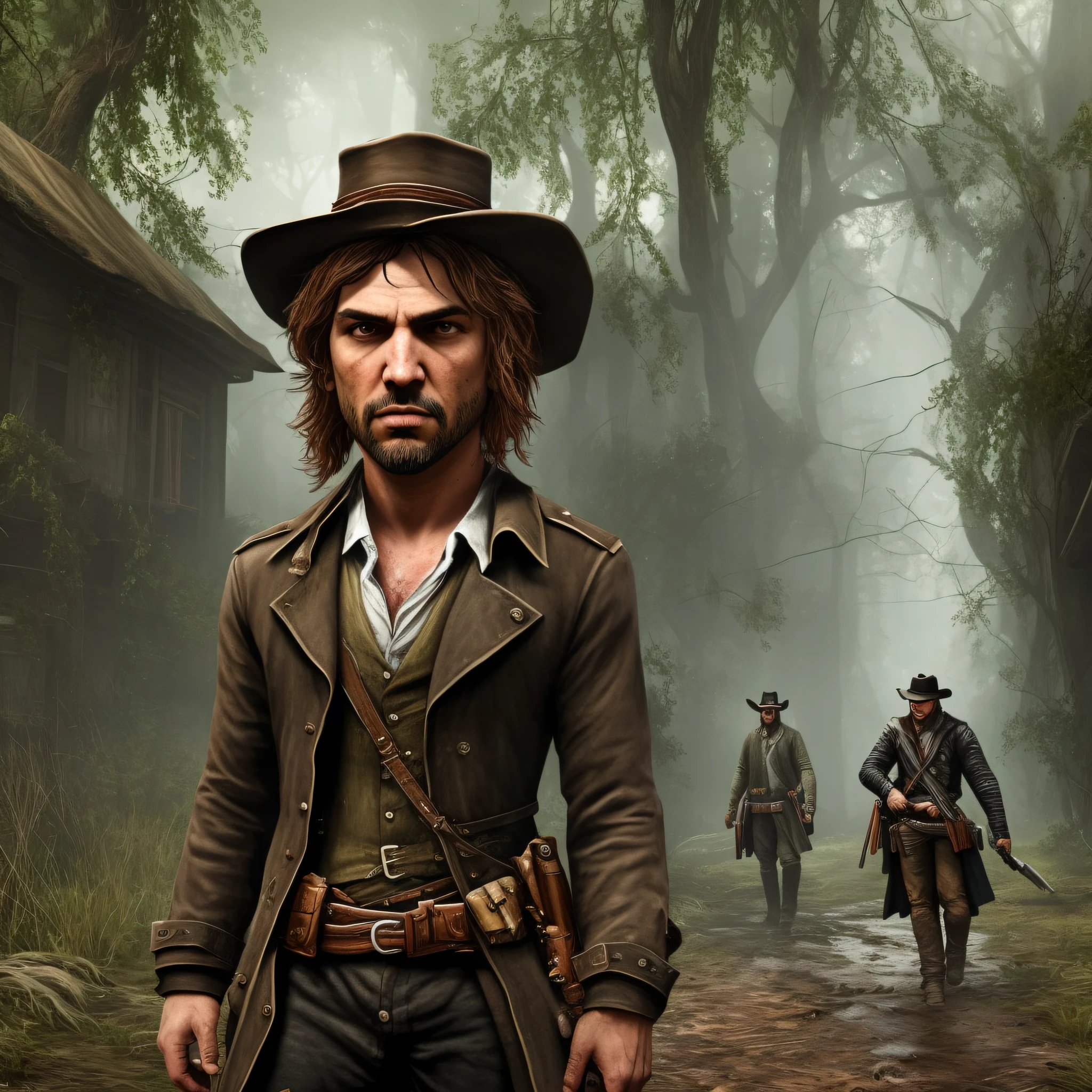 Dark Victorian Gothic fantasy mixed with Old West Town Old Wooden Buildings, Swamp Environment, Red Dead Redemption and the Hunt: comparison, Mistura de yharnam transportado pelo sangue, A lone bounty hunter, pistoleiro em um trench coat, percorre a cidade com uma espingarda, Rua lamacenta arenosa, Overgrown, Gothic church, Wooden coffins lying in the street, Remanso pantanoso | |, Spanish moss covering dead trees, and buildings, Atmospheric, noite, Lamp on, Moody, Fazer software, arte conceitual, dramatic lighting, ultra realistic, Sharp details, high resolution, close-up no rosto do personagem, um monstro assustador, Uma personagem feminina