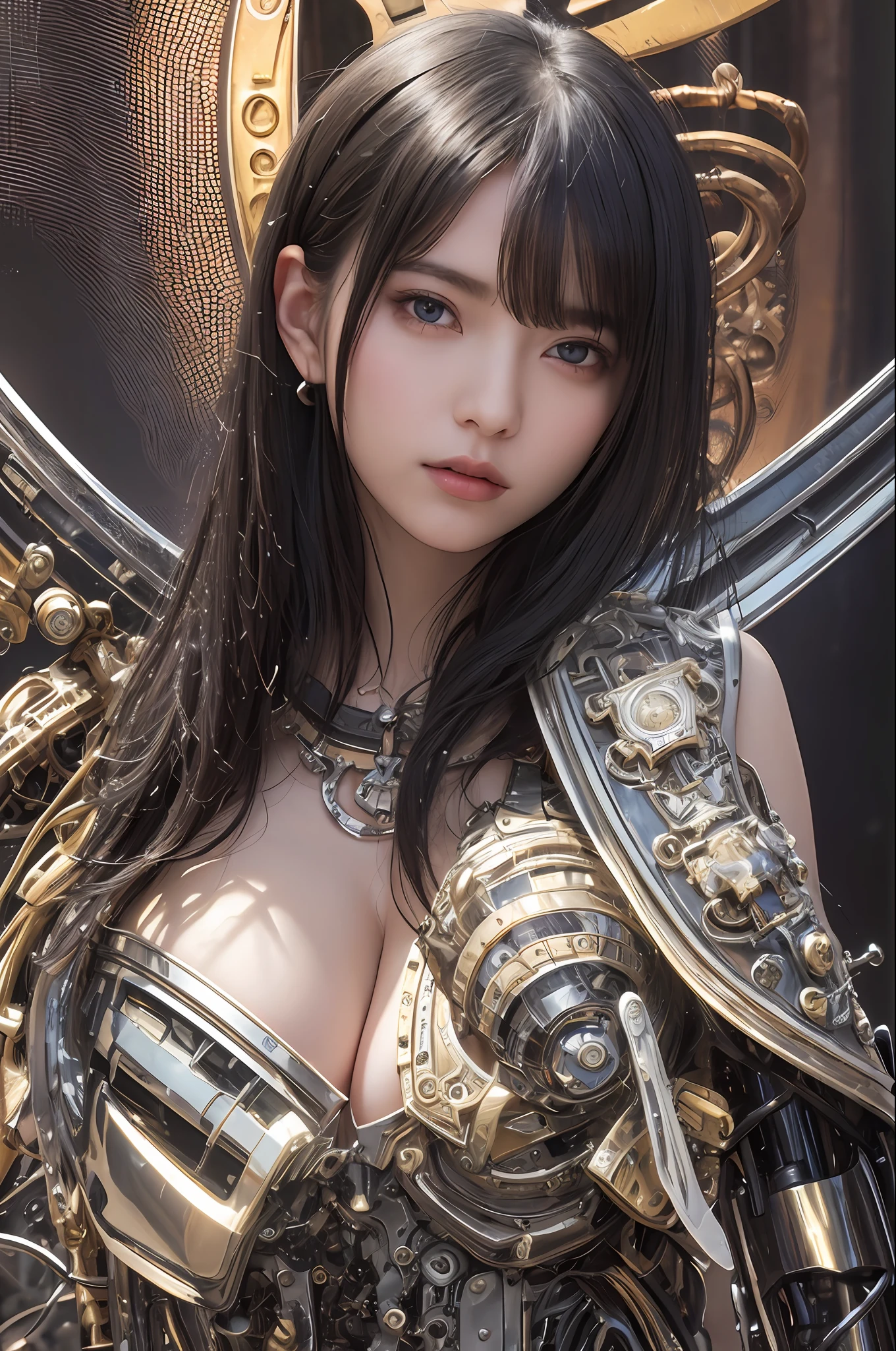 top-quality、masterpiece、超A high resolution、(Photorealsitic:1.4)、Raw photo、1人、Black hair、glowy skin、1. Mechanical Angel Girl、large metal wings、((super realistic details))、portlate、globalillumination、Shadow、octan render、8K、ultrasharp、Colossal tits、Raw skin is exposed in cleavage、metals、Details of complex ornaments、Steampunk details、Hydraulic cylinder、highly intricate detail、Realistic light、CGSoation Trends、a purple eye、radiant eyes、Facing the camera、neon details、Mechanical limbs、blood vessels connected to tubes、Mechanical vertebrae attached to the back、mechanical cervical attaching to neck、cowboy shot、Wires and cables connecting to the head、Sumerian details、Small LED lamp、