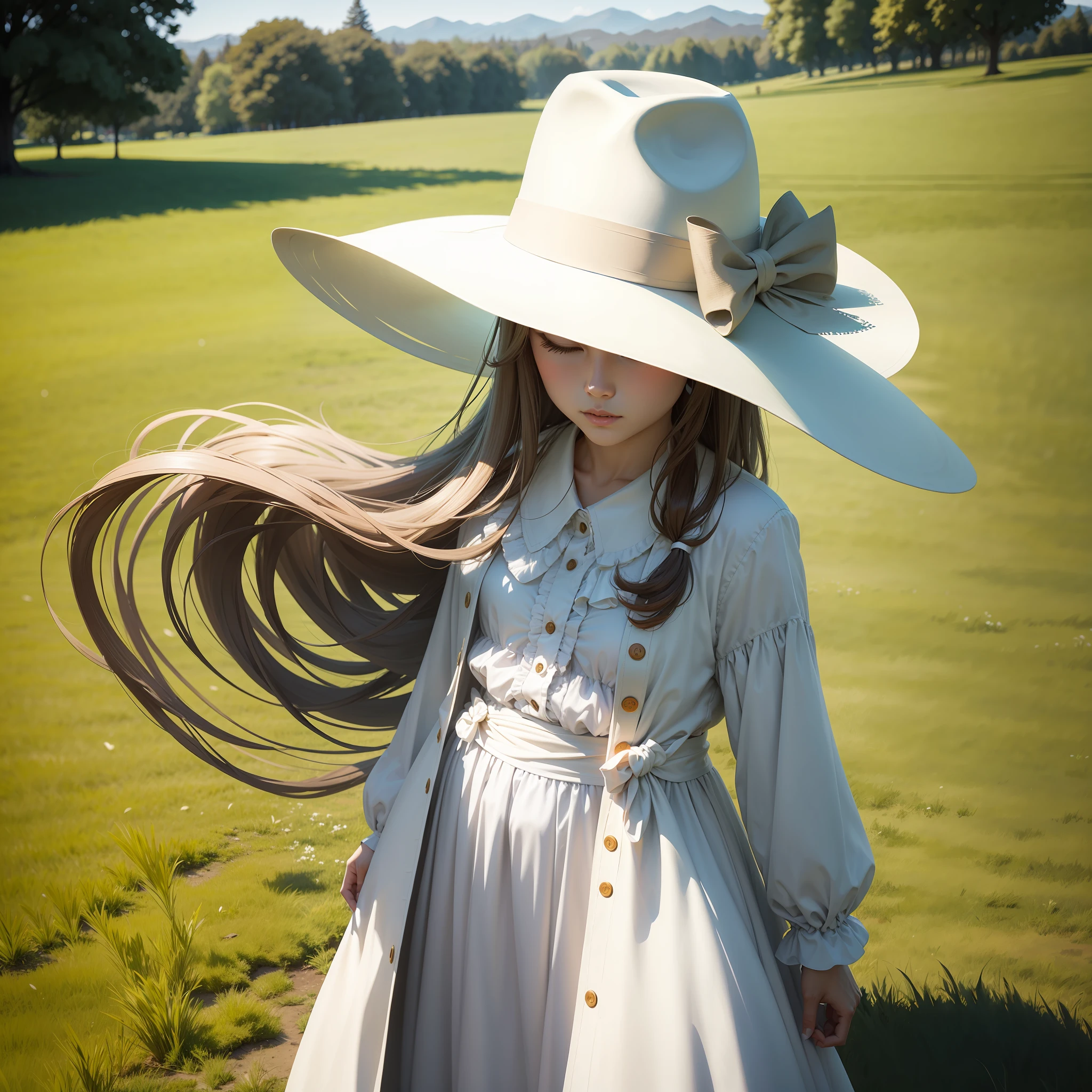 A flowing hat in a park of wide grassy countryside. --auto