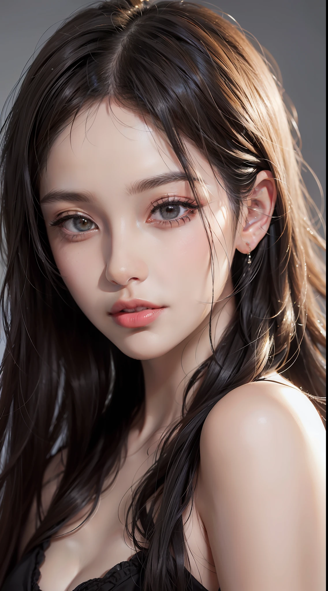 Best quality, masterpiece, ultra high res, (photorealistic:1.4), raw photo, 1girl, long straight black hair, makeup, parted lips,looking at viewer