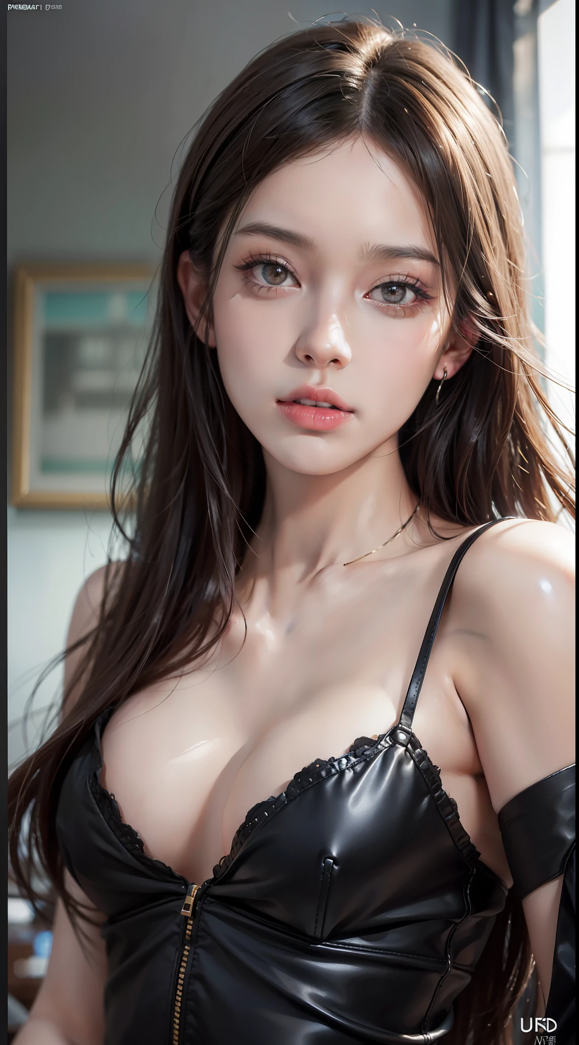 Best quality, masterpiece, ultra high res, (photorealistic:1.4), raw photo, 1girl, long straight black hair, makeup, parted lips,looking at viewer