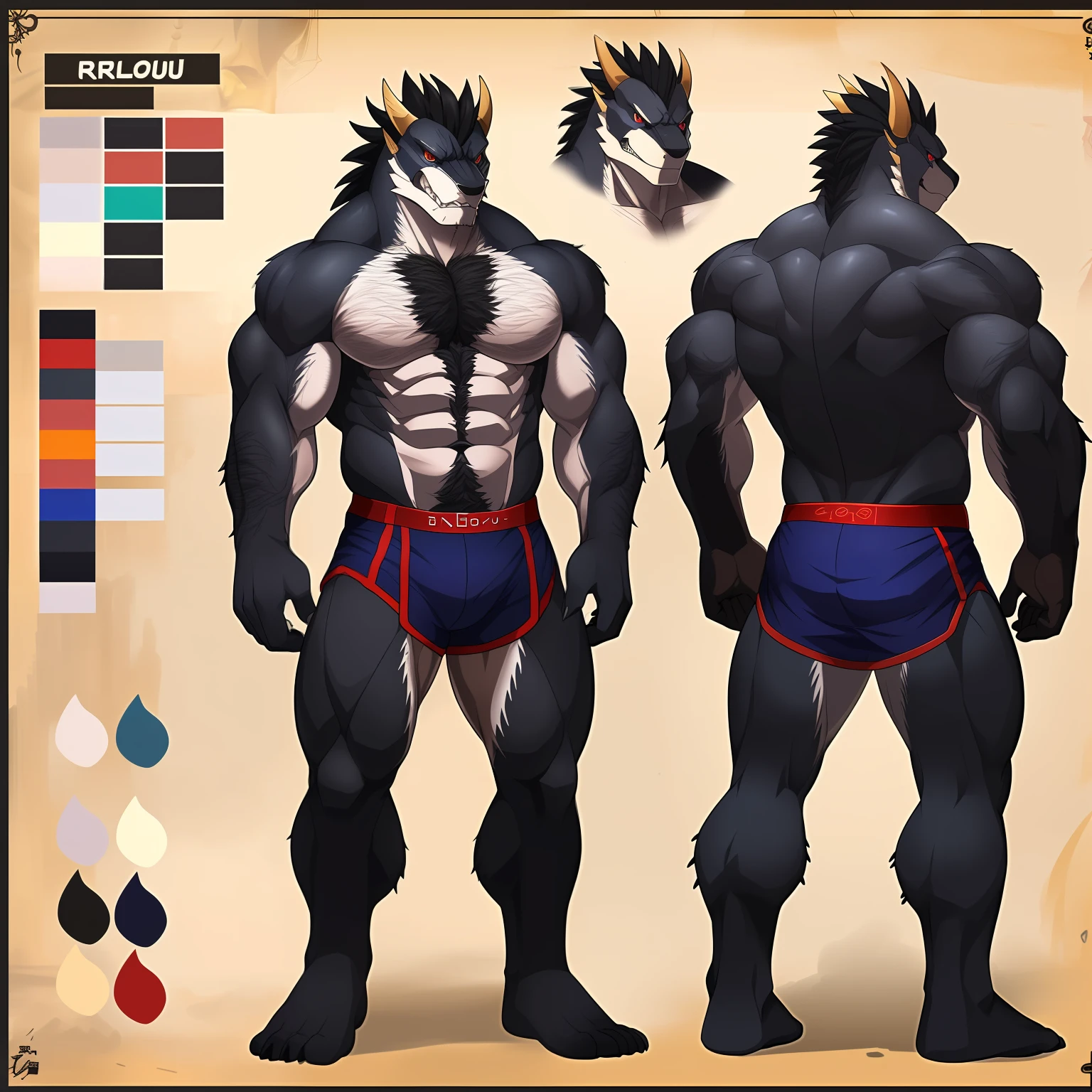 ((highest quality, masterpiece, 4k, finely detailed, detailed eyes, detailed face, intricate details, pixiv, gelbooru)), (((reference sheet, full body pose))), male, spikey hairstyle, black hair, revealing clothing, sharp eyes, intense pose, handsome sharp features, masculine, muscular, hairy, manly