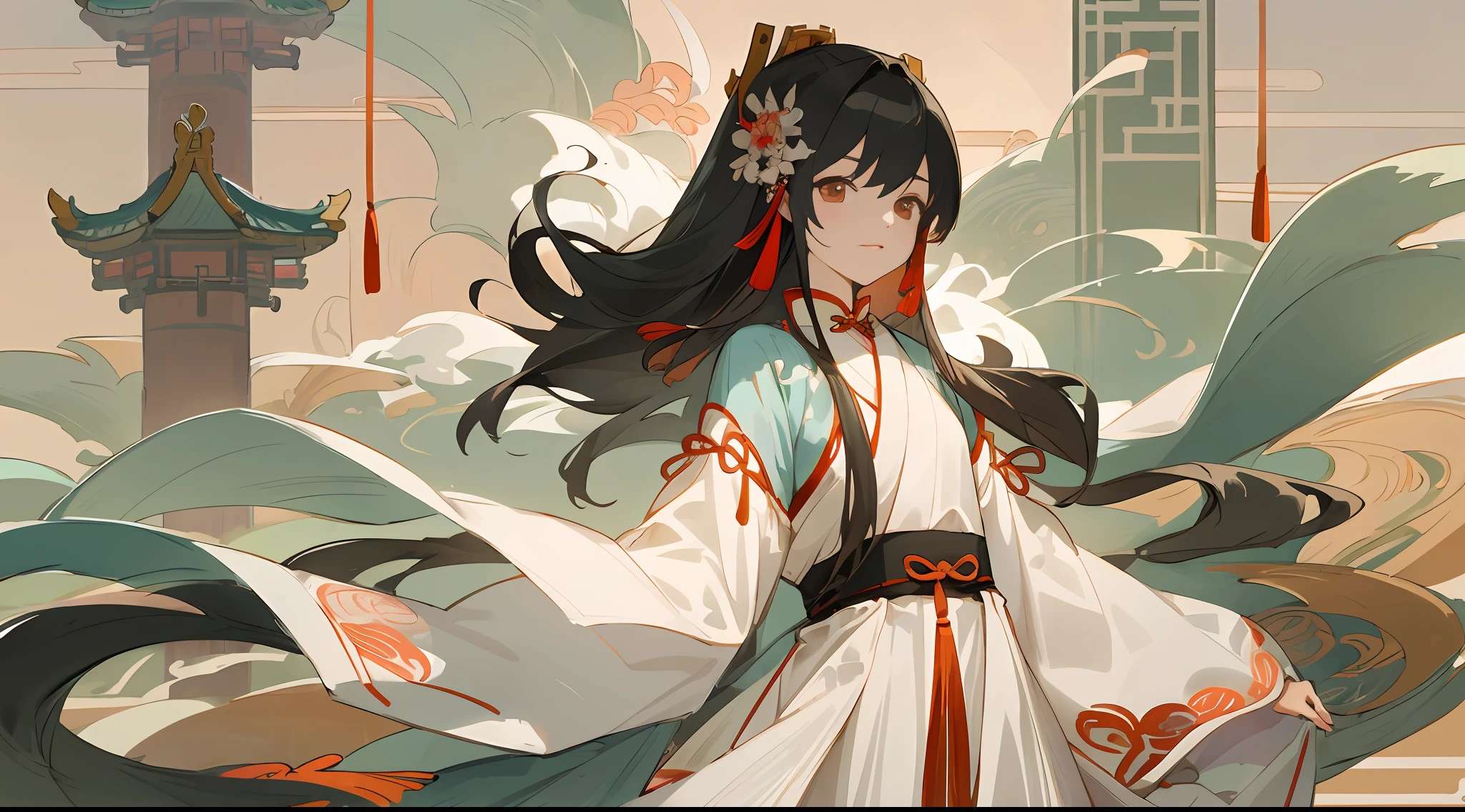 Single image,Original Drawing,Flat coating,Ancient wind,Realistis,ventania,soft sun light,flowy,Hair that flutters in the wind,Long fluttering dress,China-style,Hanfu girl,Reddish tint,Chang'an,Contre-Jour,The background is Chinese Tang Dynasty architecture,There are ancient buildings