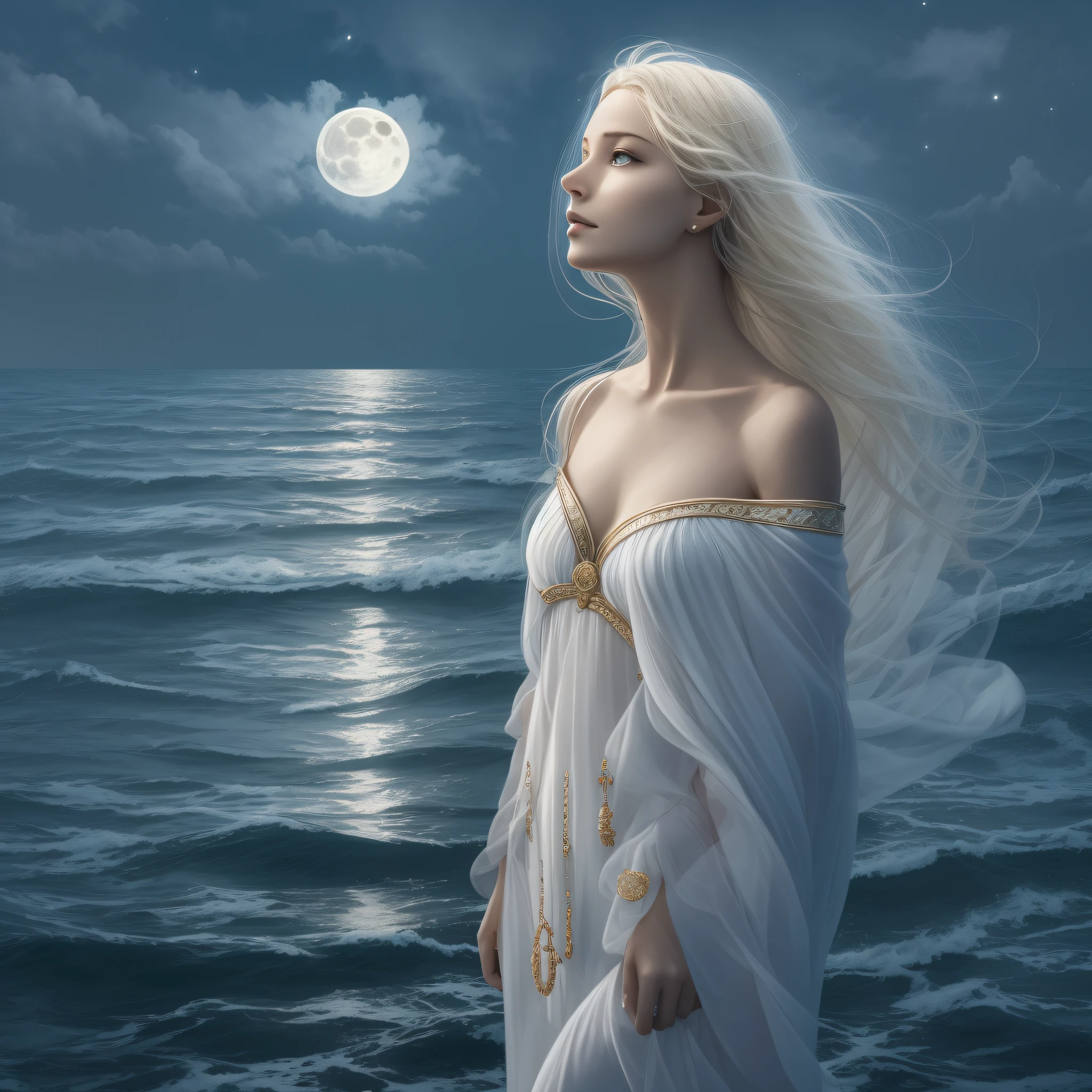 A white blonde goddess is coming from Ocean, she is standing above waters, Full Moon at sky