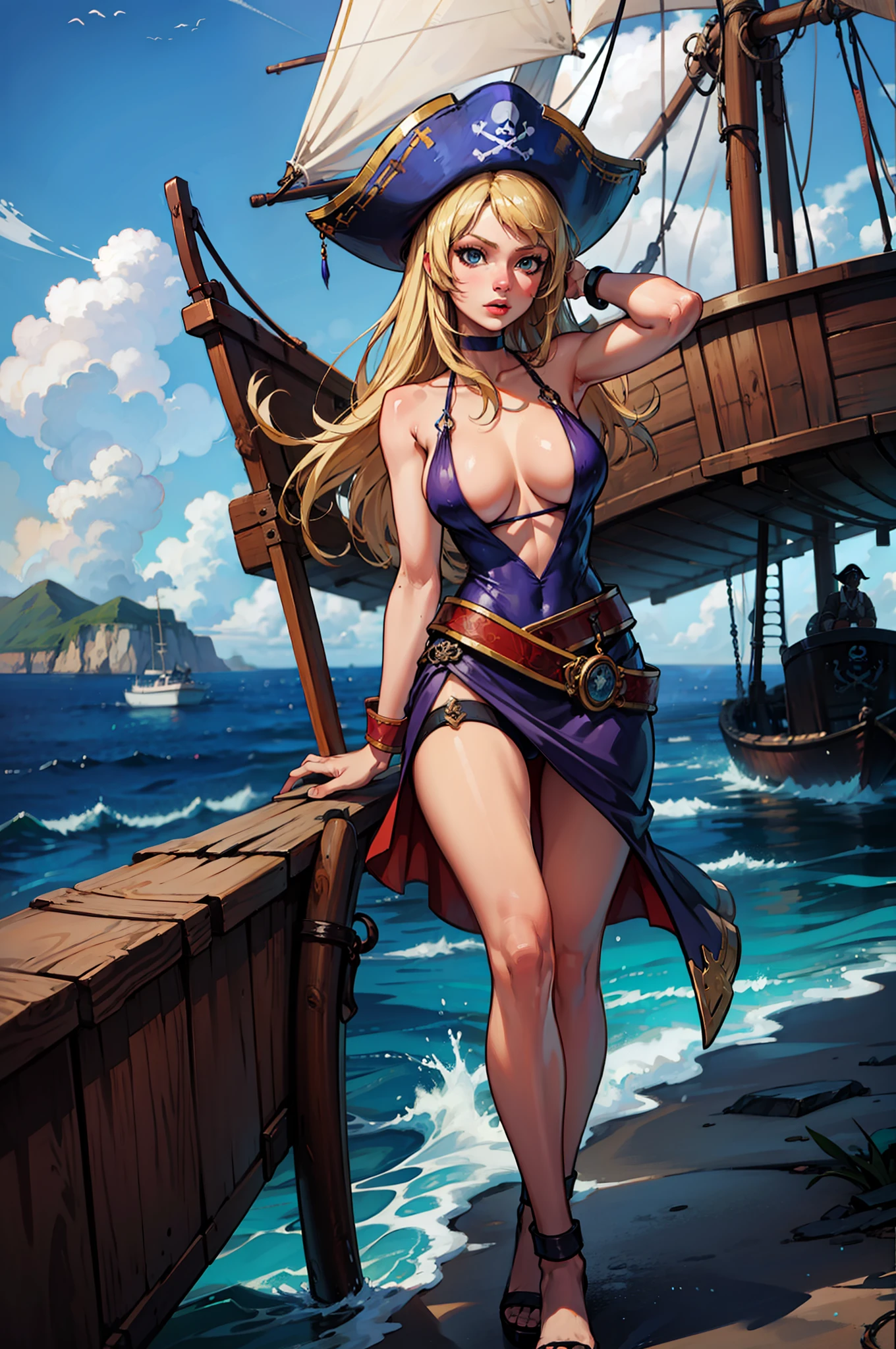 1girl, JenetMS, solo, large breasts, blurry, blurry background, pirate hat, sea, ocean, island, pirate ship on the horizon, leg cutout