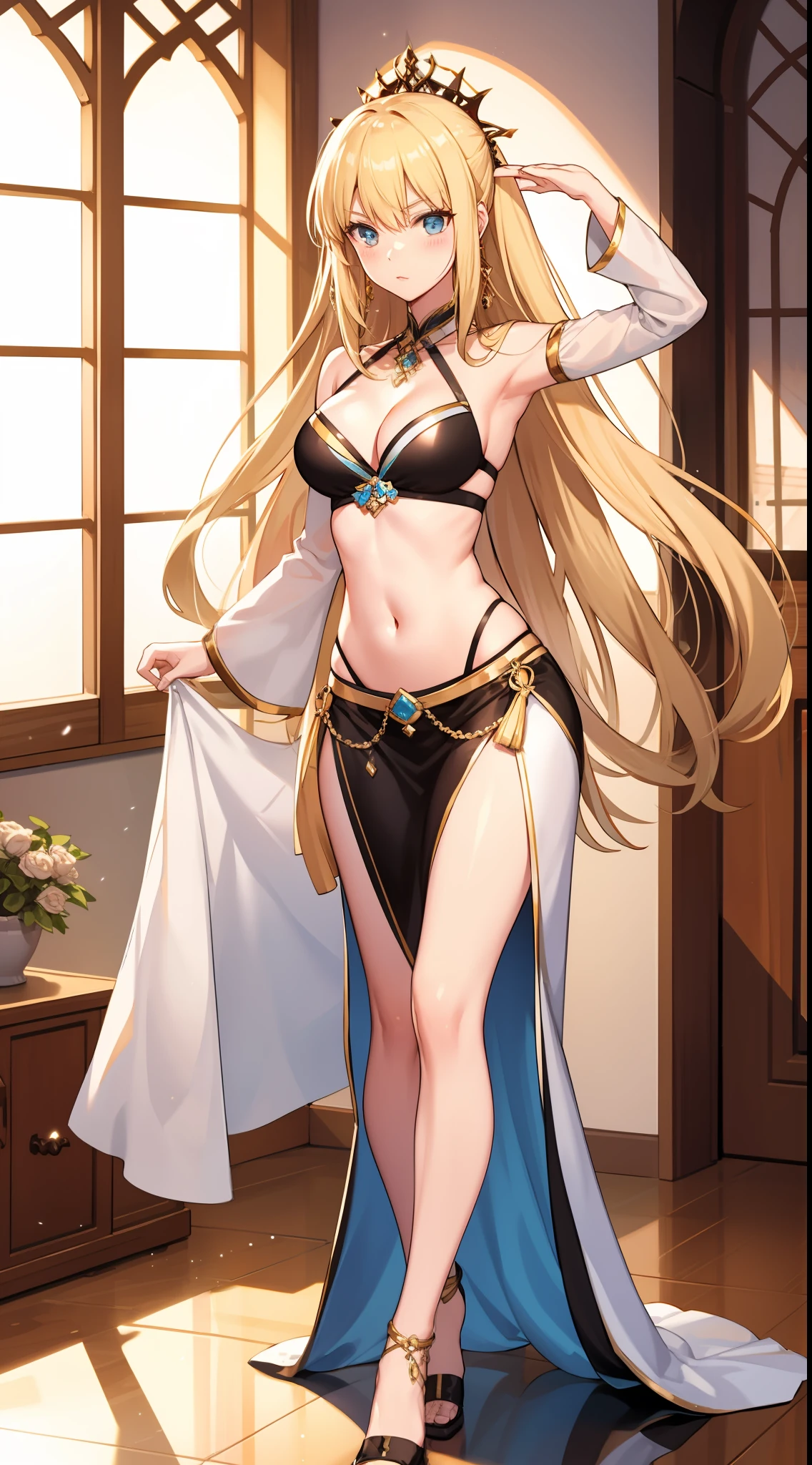long hair,  medium breast, cleavage, navel, slim legs, morgan fate, blonde hair, gown, blushing, skirt, standing, bedroom, arabian belly dancer