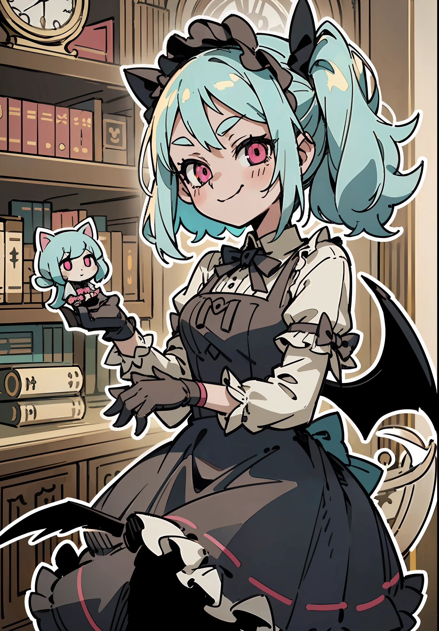 ((Dynamic Angle)), ((li)), (ch ((独奏)), (canny smile), (turquoise hair), (ponytails), (pink eyes), (bat wings on the head), (Gothic dress), (Lolita Dress), (vintage dress), (Black Dress), (frilld), (beige frill;;), (Bows), (Vertical stripes), ((Clock face in the background)), (library), ((thick outlines)), ((white outlines))