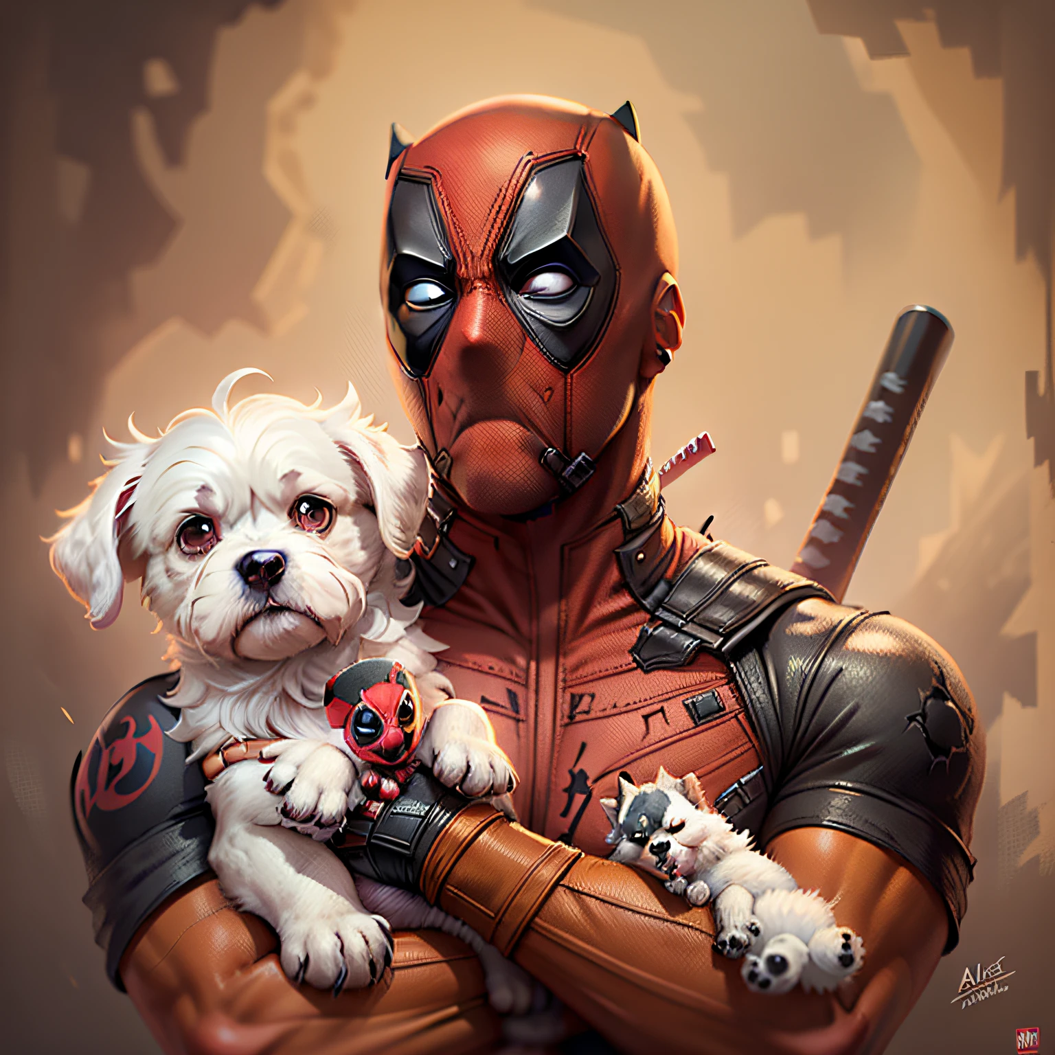 DEADPOOL wearing a black baseball cap with a Maltese puppy, estilo caricatura, ARTE DIGITAL