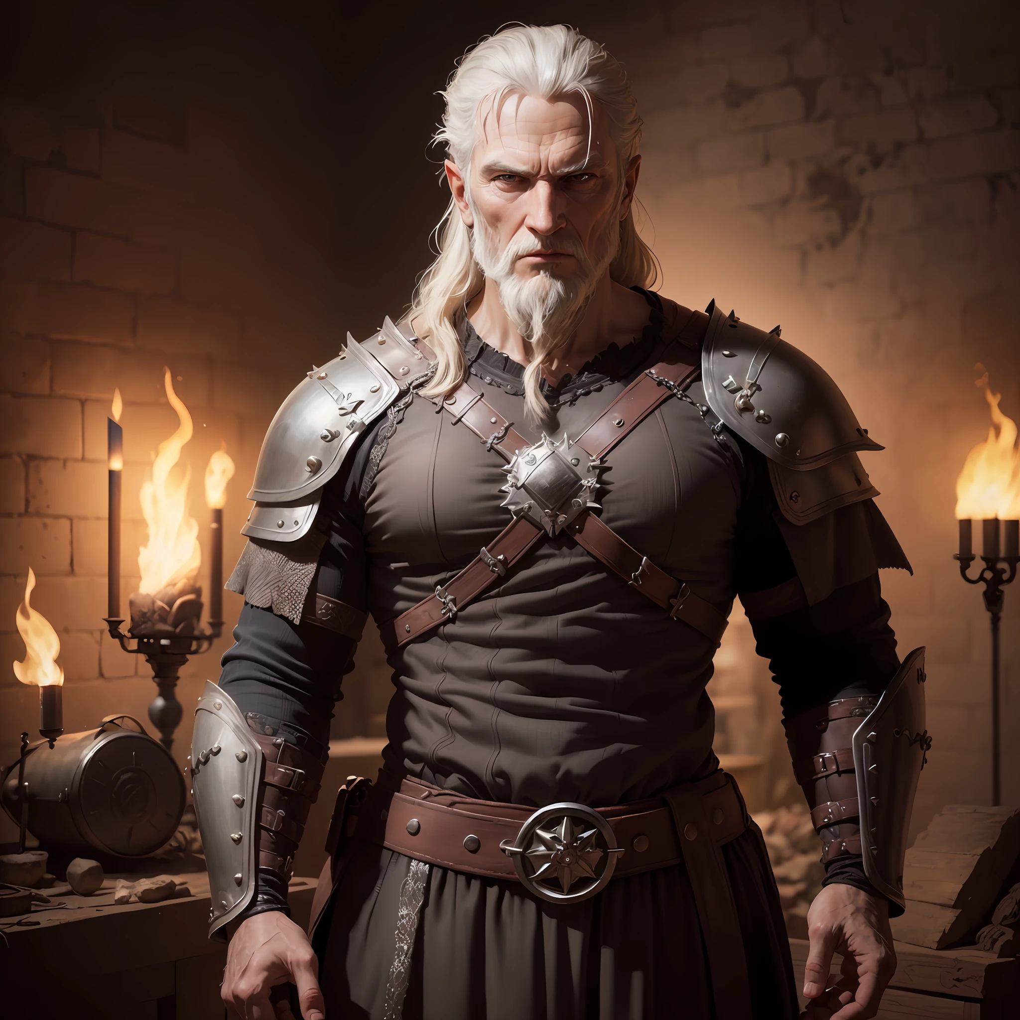 (Highest quality:1.3), cinematic shot, masterpiece, (sharp focus:1.5), (photorealistic:1.3), medium portrait of (a weary-looking but still proud and fierce-looking old Viking warrior, now the leader of his village, dressed in elaborately detailed chain mail and leather armour, a few torches burn on the walls, giving the scene a dark atmosphere but sculpting the forms in sharp chiaroscuro), it is night time, (highly detailed skin), (detailed face), detailed background, dark lighting, twilight lighting, volumetric lighting, intricate details, UHD, --auto