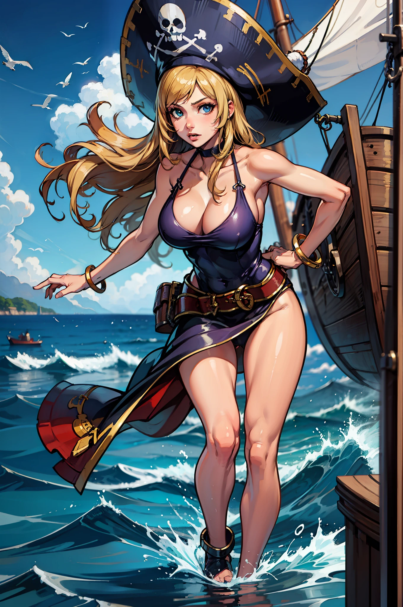 1girl, JenetMS, solo, large breasts, blurry, blurry background, pirate hat, sea, ocean, island, pirate ship on the horizon, leg cutout