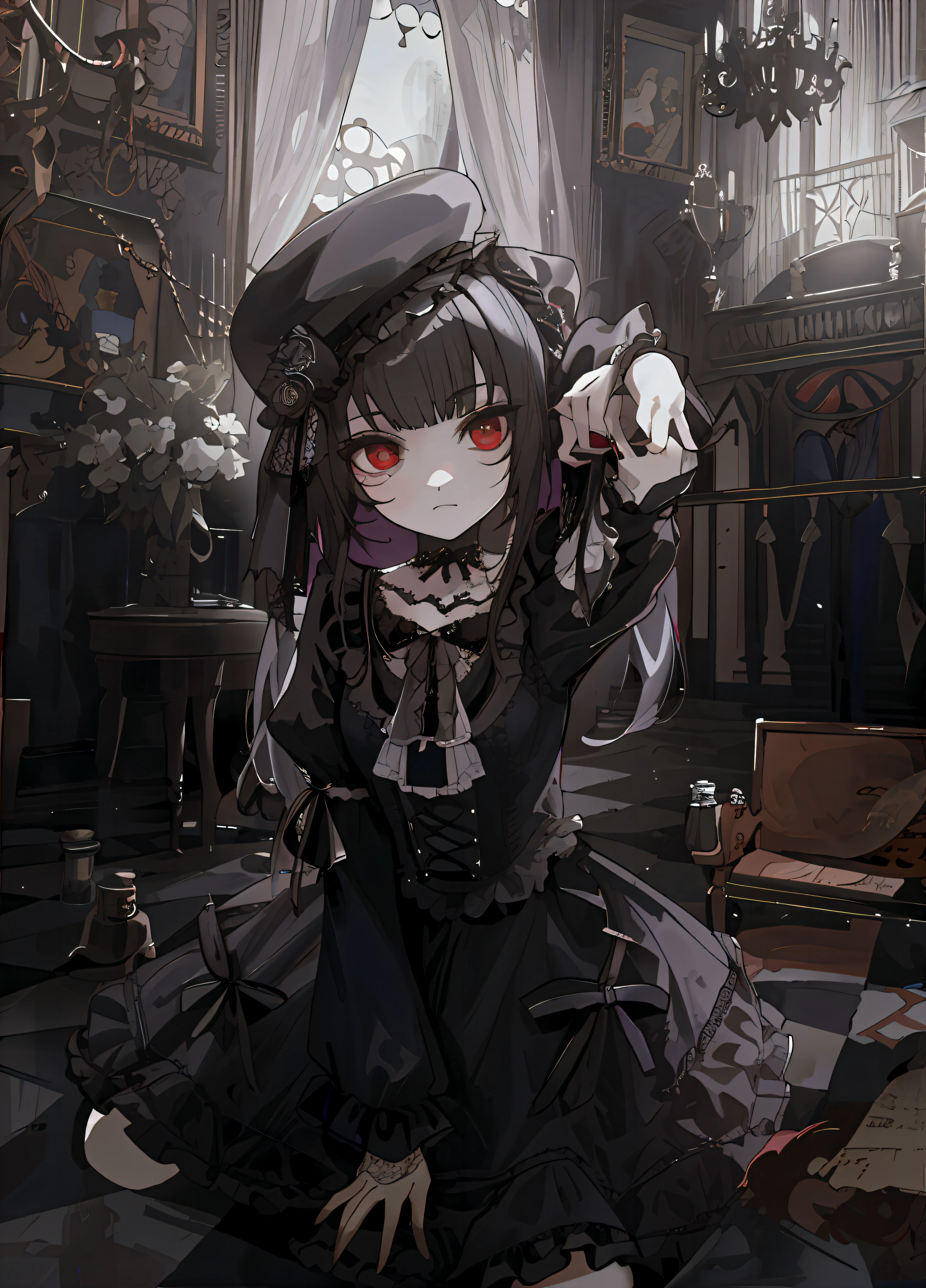 Chica de anime con un vestido negro sentada en el suelo con un sombrero puesto, Gothic anime girl Maiden, gothic art style, goth girl, Gothic!!, 1 7 - year - old anime goth girl, an elegant gothic princess, Estilo de arte oscuro, Arte Barroco Oscuro, dark fantasy style, gothic art, Retrato de ta, victorian gothic loliashion, dark fantasy style art, red eyes