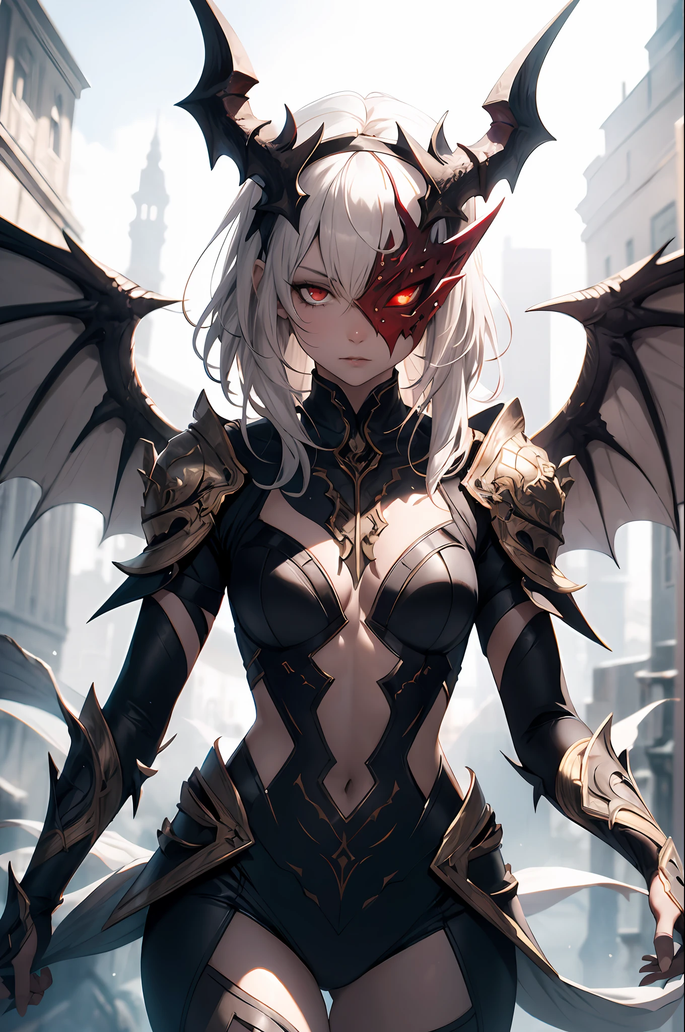 epic art, demon, white skin, red details, white hair, wearing a mask, white wings, [fantasy:1.1], cinematic Lighting, detailed background, insanely detailed, high definition, vibrant, (the most beautiful art in the world:1.2)