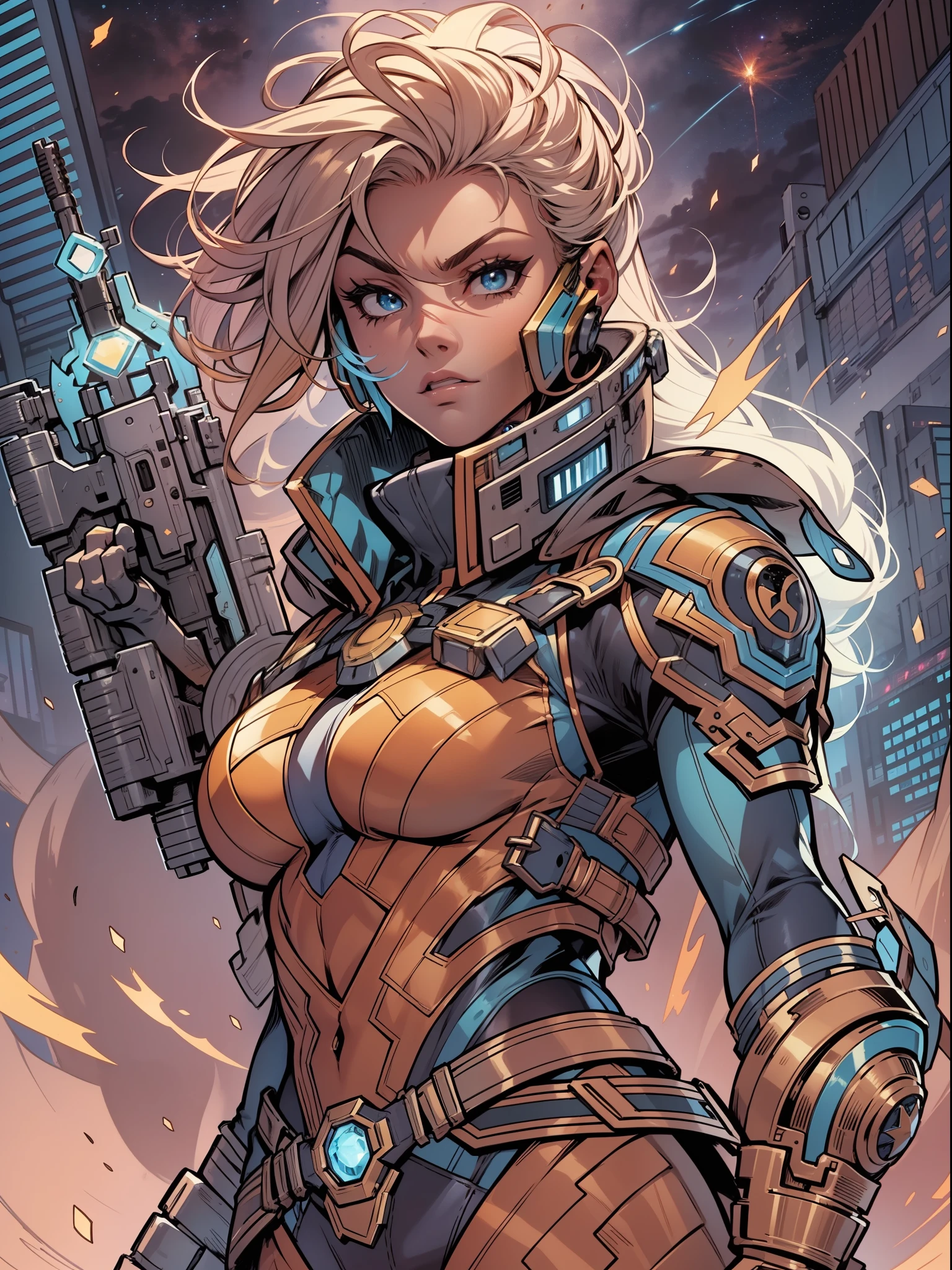 mulher estilo anime linda, Illustration in comic style drawn by Joe Madureira, imagem ultra detalhada, cores deslumbrantes e rico em detalhes, In this comic book scene in the unmistakable style of Joe Madureira, We are transported to an epic and futuristic universe, where the Time Guardians prepare to face an intergalactic threat.
Imagem:
The art of Joe Madureira jumps from the pages in a spectacle of dynamic lines, dramatic shadows and intense expressions. The scene shows a formidable group of characters in a cosmic setting, com estrelas brilhantes e nebulosas coloridas ao fundo.
The Guardians of Time are a diverse set of heroes. No centro da imagem, We have a charismatic space warrior, The leader of the group, with an impressive futuristic suit that combines advanced technology and traditional armor. Their posture is firm, holding a glowing sword that appears to contain cosmic powers.
Next to the leader, An incredibly agile and fearless alien warrior takes on a combat pose with two energy blades in her hands, making it clear that she is a force to be reckoned with. Its design features intricate details in its armor and an exotic appearance that reflects its alien origin.
Another member of the group is a skilled and intelligent technological engineer, whose futuristic suit is packed with advanced devices and tools. He's busy tweaking a special device that could be crucial to the success of the Time Guardians' mission.
A mysterious and enigmatic character remains in the shadows, partially hidden by the cosmic mist, But his clothes and details reveal that he possesses supernatural abilities and a connection to the mystery of the universe.
The courage and determination are evident in the expressions of the characters, highlighted by the skillful use of shadows and lights in Madureira's illustrations. Vibrant colors bring the cosmic scenery to life, while energy effects and explosions adici
