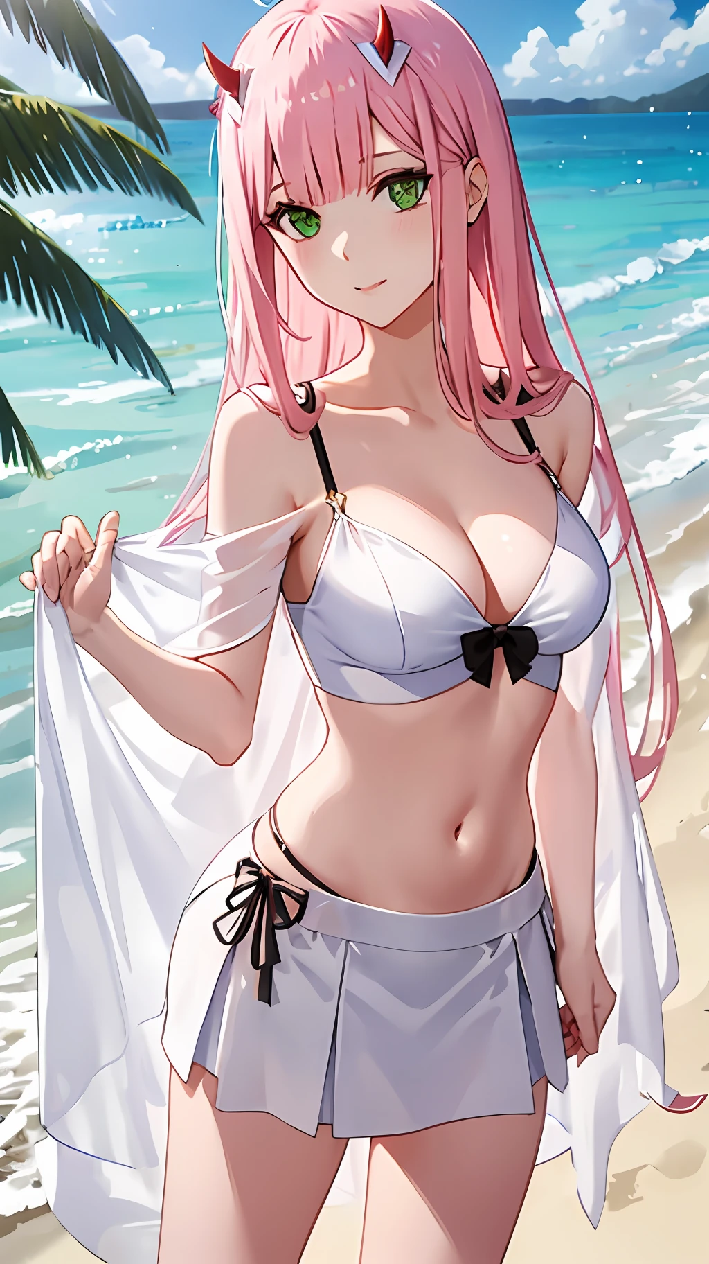 zero two, white gown, medium breast, navel, slim legs, sunny day, Beach, leaning, beautiful eyes, green eyes, nervous, skirt