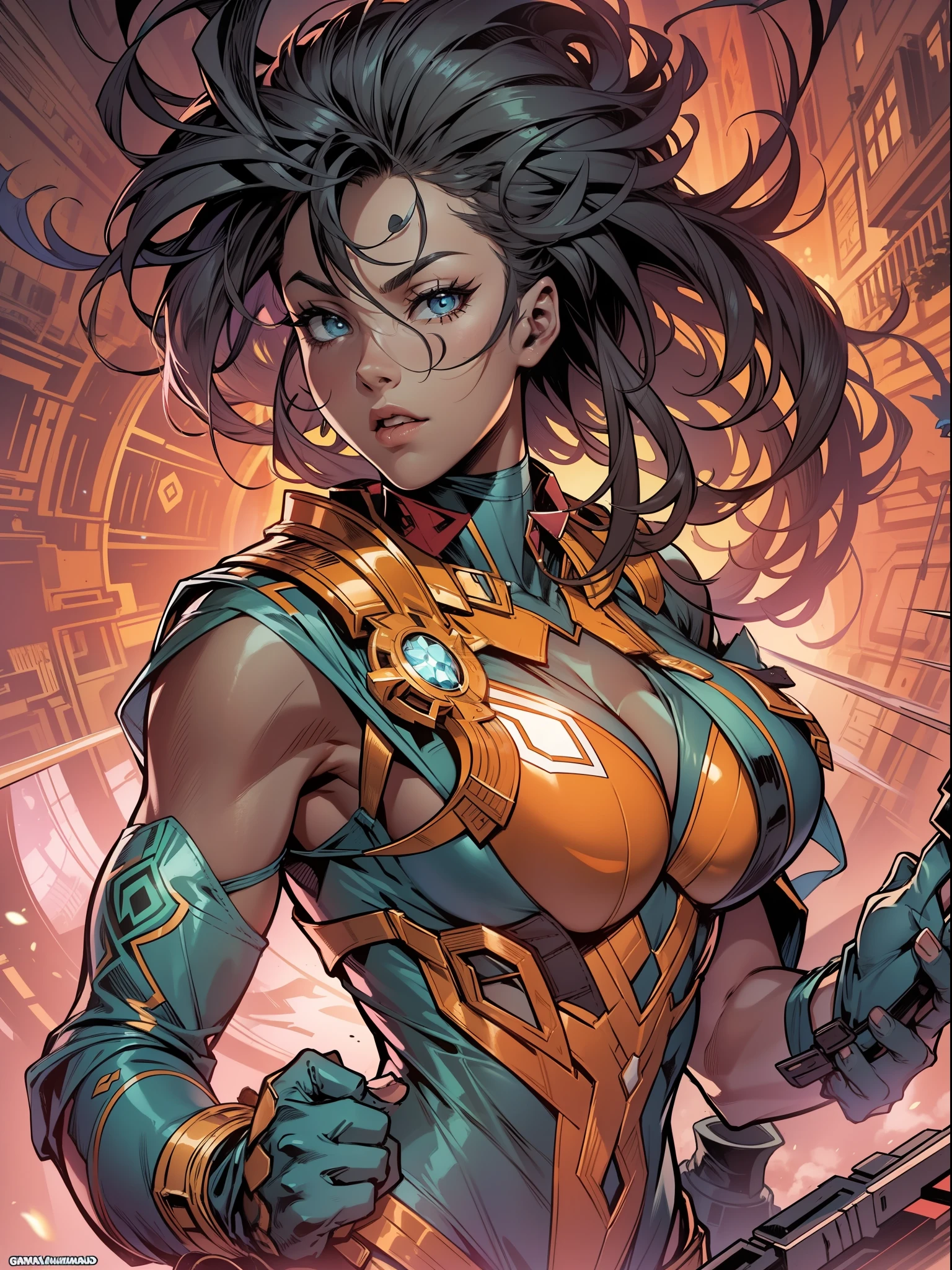 mulher estilo anime linda, Illustration in comic style drawn by Joe Madureira, imagem ultra detalhada, cores deslumbrantes e rico em detalhes, In this comic book scene in the unmistakable style of Joe Madureira, We are transported to an epic and futuristic universe, where the Time Guardians prepare to face an intergalactic threat.
Imagem:
The art of Joe Madureira jumps from the pages in a spectacle of dynamic lines, dramatic shadows and intense expressions. The scene shows a formidable group of characters in a cosmic setting, com estrelas brilhantes e nebulosas coloridas ao fundo.
The Guardians of Time are a diverse set of heroes. No centro da imagem, We have a charismatic space warrior, The leader of the group, with an impressive futuristic suit that combines advanced technology and traditional armor. Their posture is firm, holding a glowing sword that appears to contain cosmic powers.
Next to the leader, An incredibly agile and fearless alien warrior takes on a combat pose with two energy blades in her hands, making it clear that she is a force to be reckoned with. Its design features intricate details in its armor and an exotic appearance that reflects its alien origin.
Another member of the group is a skilled and intelligent technological engineer, whose futuristic suit is packed with advanced devices and tools. He's busy tweaking a special device that could be crucial to the success of the Time Guardians' mission.
A mysterious and enigmatic character remains in the shadows, partially hidden by the cosmic mist, But his clothes and details reveal that he possesses supernatural abilities and a connection to the mystery of the universe.
The courage and determination are evident in the expressions of the characters, highlighted by the skillful use of shadows and lights in Madureira's illustrations. Vibrant colors bring the cosmic scenery to life, while energy effects and explosions adici