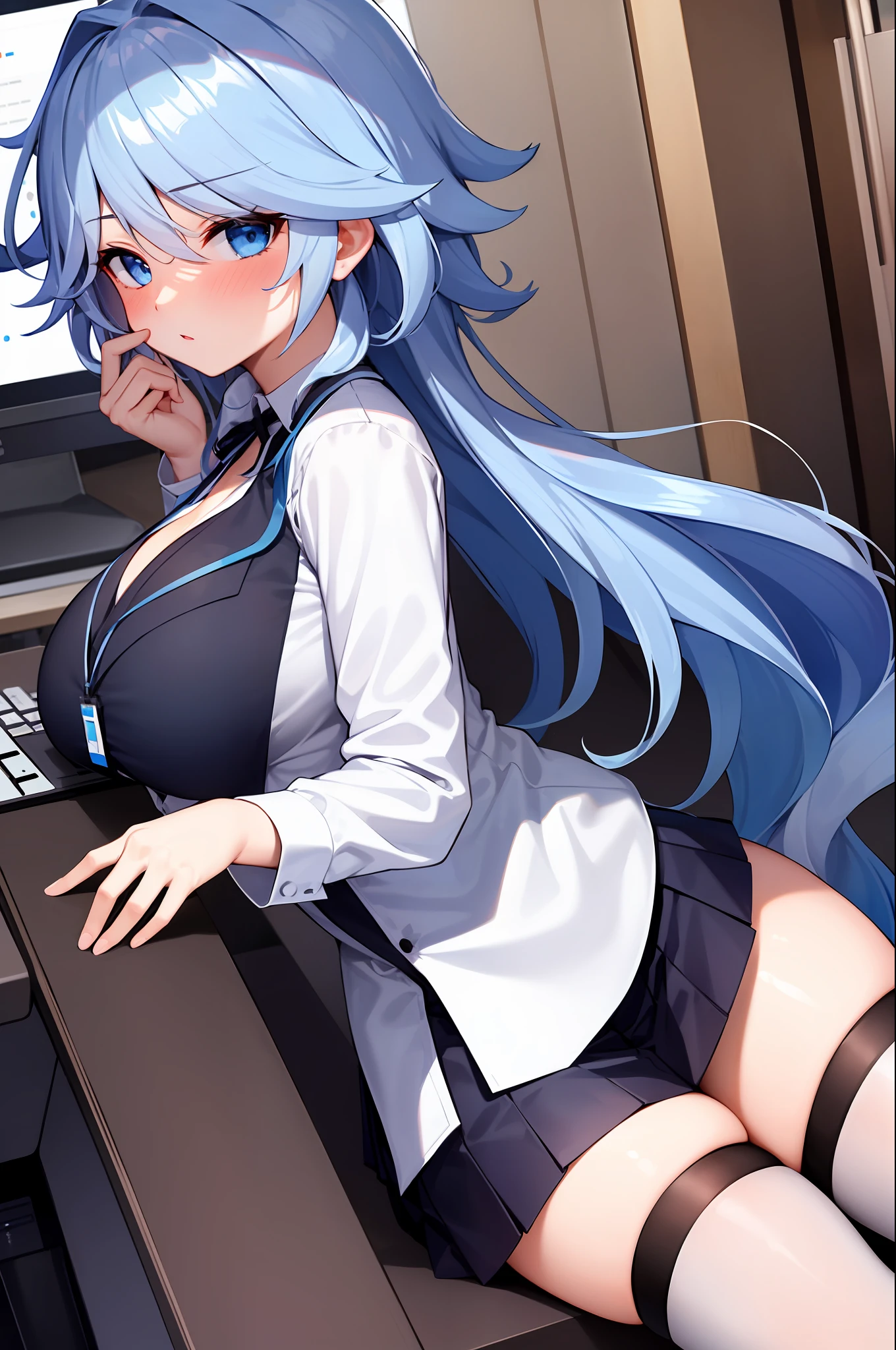1girl, solo, ((white shirt)), black thighhighs, breasts, cleavage, uniform, office background, black skirt, pleated skirt, office,large breasts, looking at viewer, BLUE SEA HAIR, solo, thighhighs, thighs, very long hair, ((masterpiece)), sitting, chair, desk, computer on desk, name tag, id tag, indoor, blush, sexy pose,