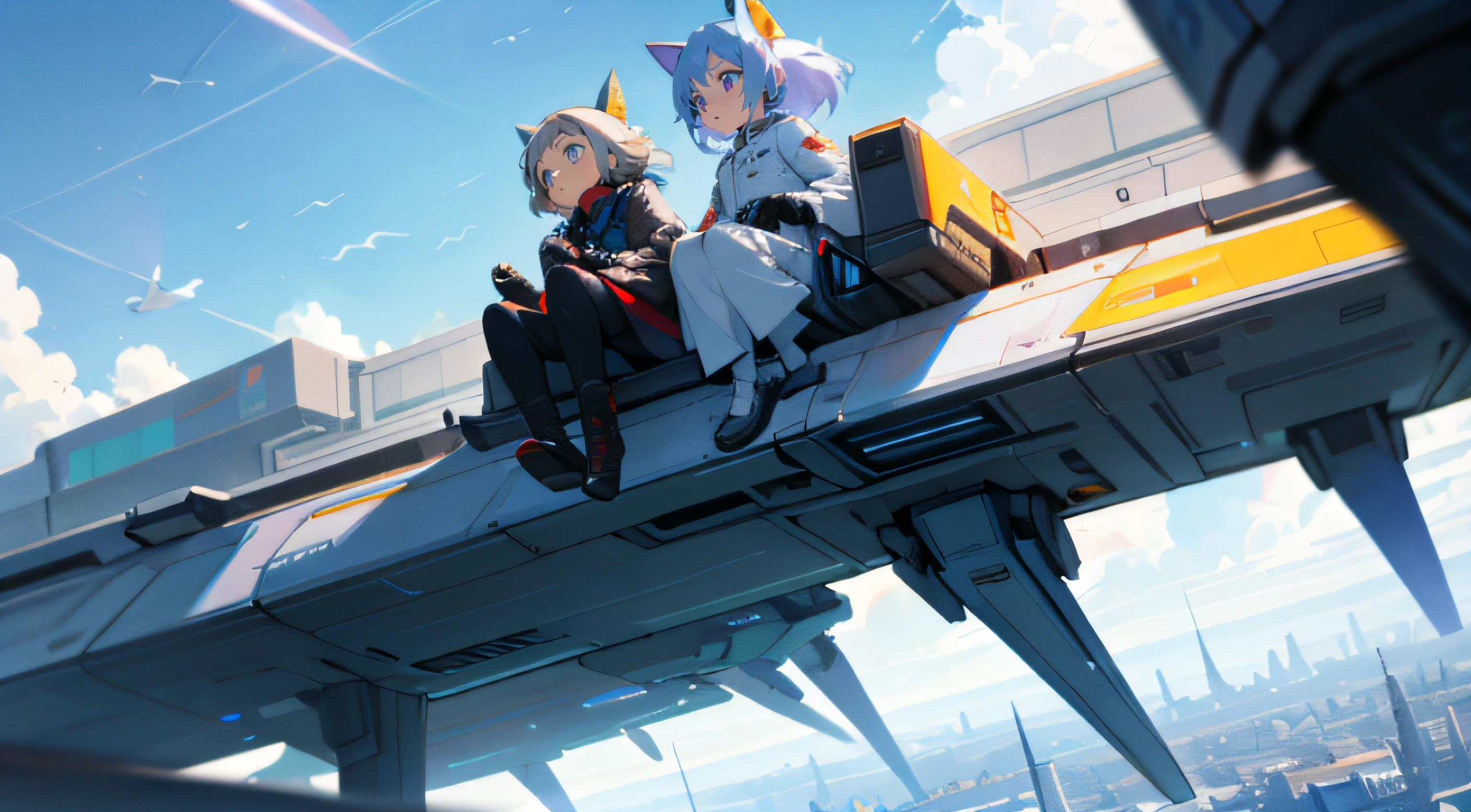 Future technology empire, There are many people living and working peacefully on the streets, A spaceship flying in the air, There were also two girls looking at the sky in front of me, Please note,This is anime style