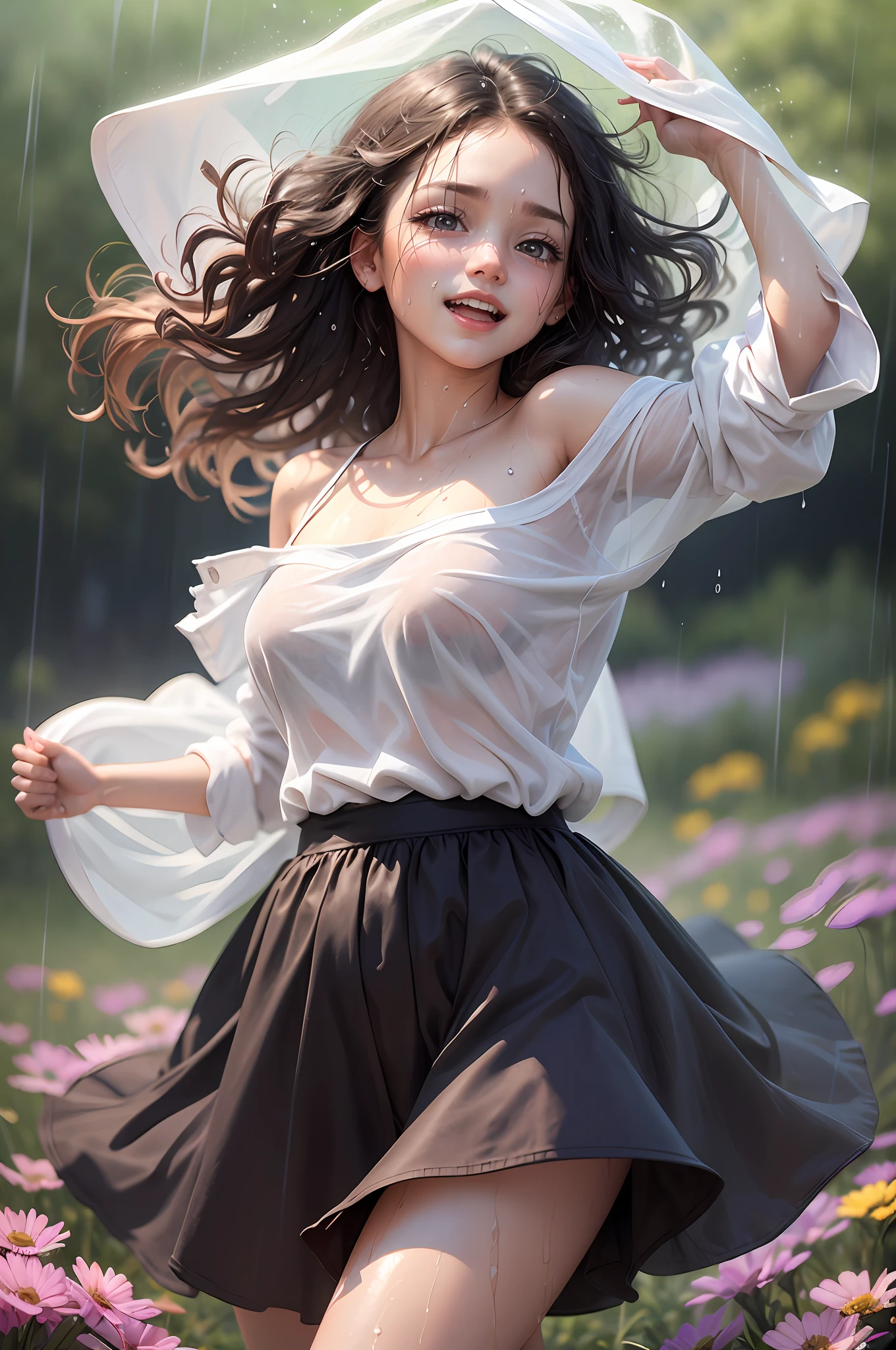 The best picture quality, tmasterpiece, extra high resolution, (accuracy: 1,4), photo, 1 girl, Field of flowers, white shirt, Dancing in the rain, joying, happiness, laughter, Cinematic, tear, tear, (ripped clothes: 1,5), (wet clothing: 1,4), bare shoulders, real rain, wet hair,..