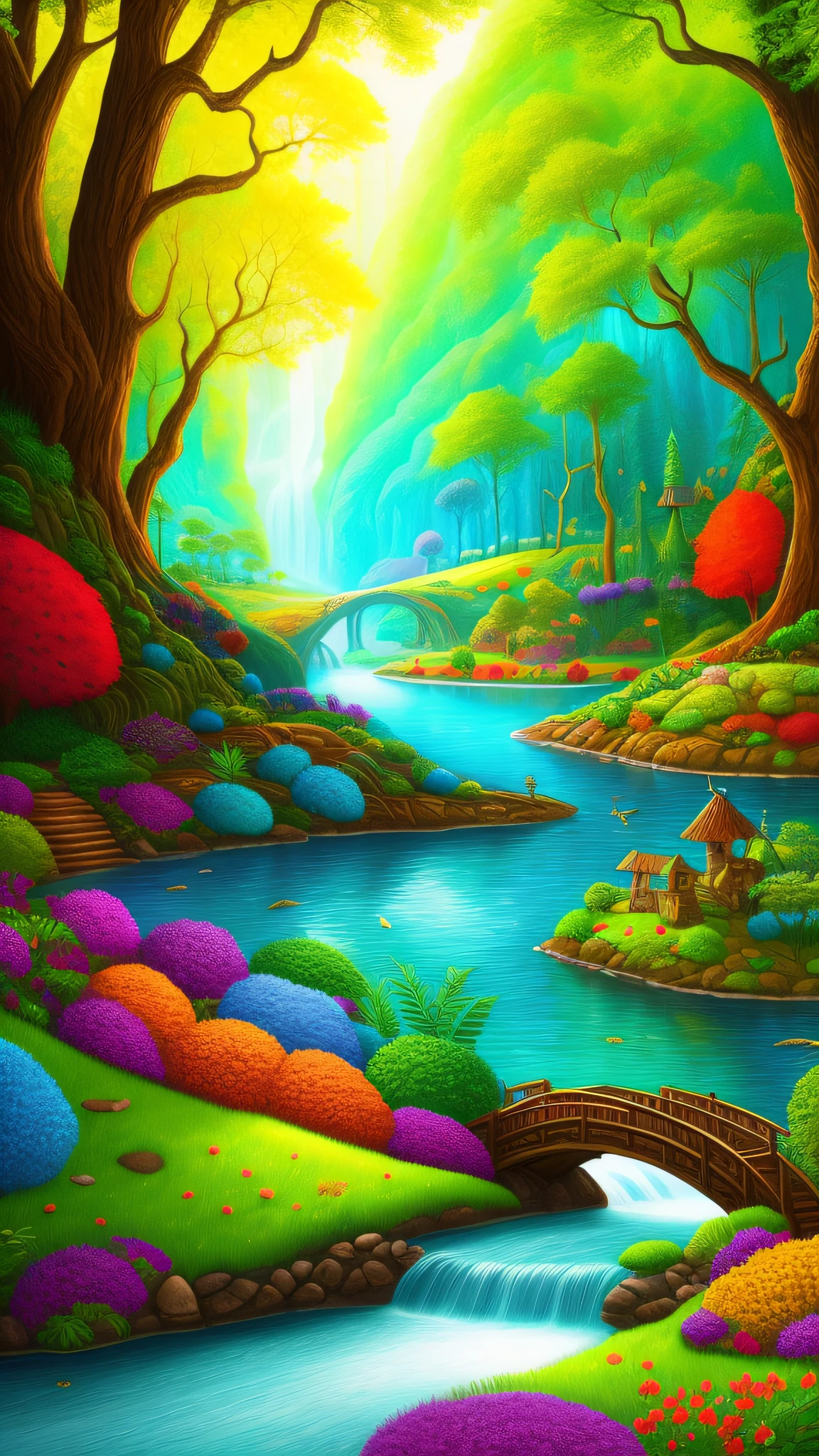 ((fantasy)), Forest River, Highly detailed, Stylized, Colorful, A high resolution