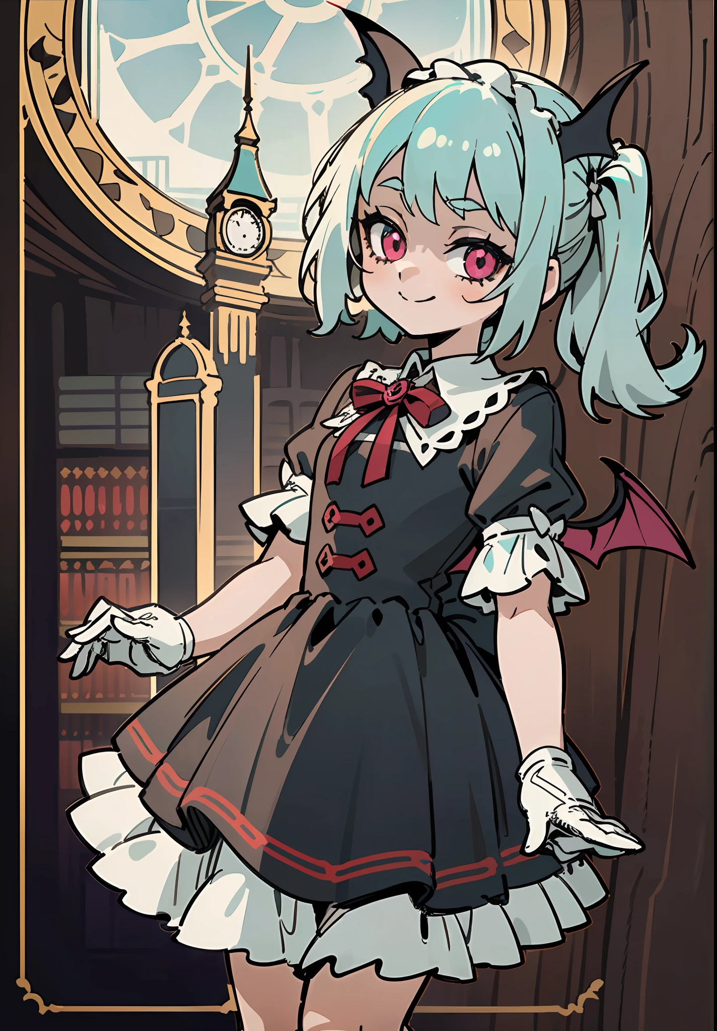 ((Dynamic Angle)), ((loli)), (child), ((独奏)), (canny smile), (turquoise hair), (ponytails), (pink eyes), (bat wings on the head), (Gothic dress), (Lolita Dress), (vintage dress), (Black Dress), (frilld), (beige frill;;), (Bows), (Vertical stripes), ((Clock face in the background)), (library), ((thick outlines)), ((white outlines))