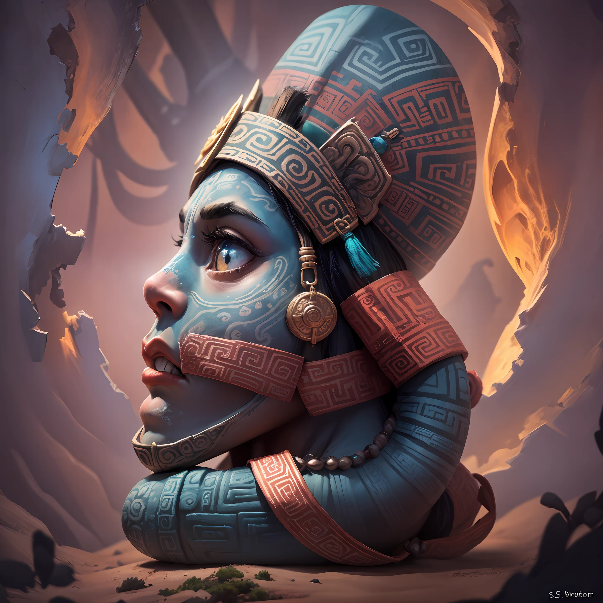 Mayan aztec totem, side view, disney pixar style, rotated, stylized, right side --auto --s2