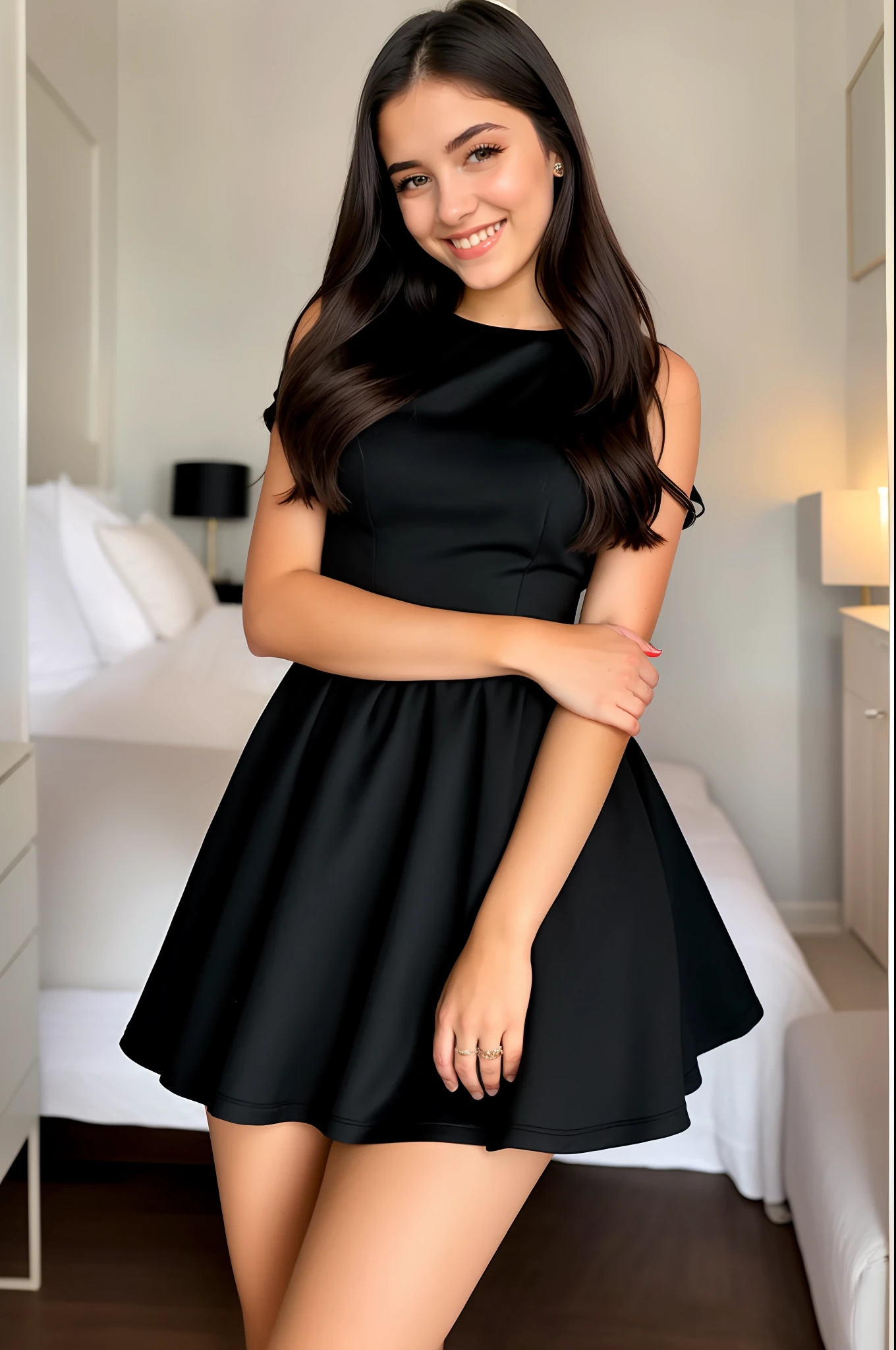 Garota ilatiana loira olhos azuis, 18 anos, wearing classic black dress, sentada, pernas cruzadas, smile, girly girl, old money, esthetic