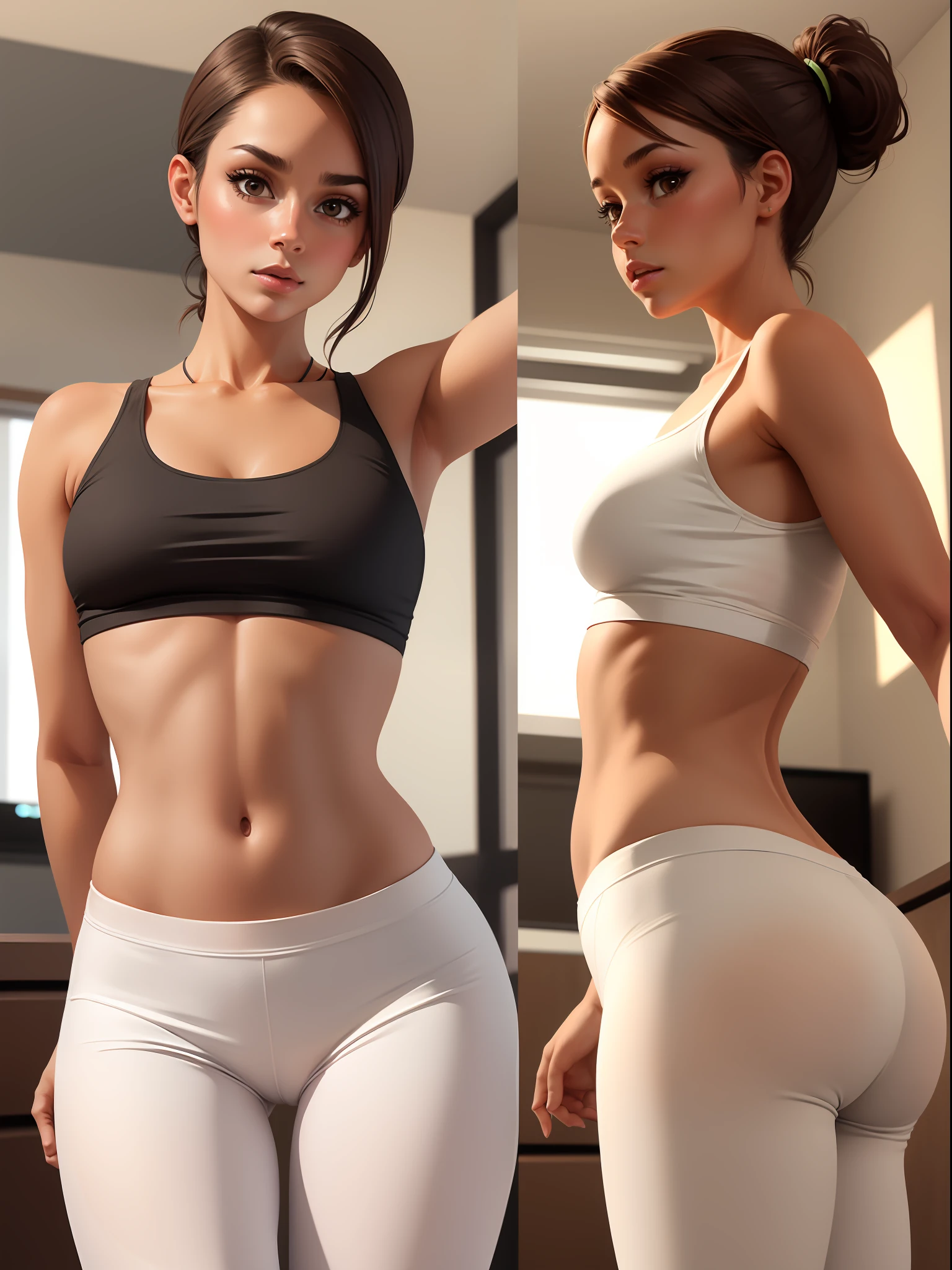 Beautiful Brazilian girl, brown hair in a ponytail, 18 years old, beautiful thin figure
showing her butt in a white gym, wearing short leggings and a sports bra
