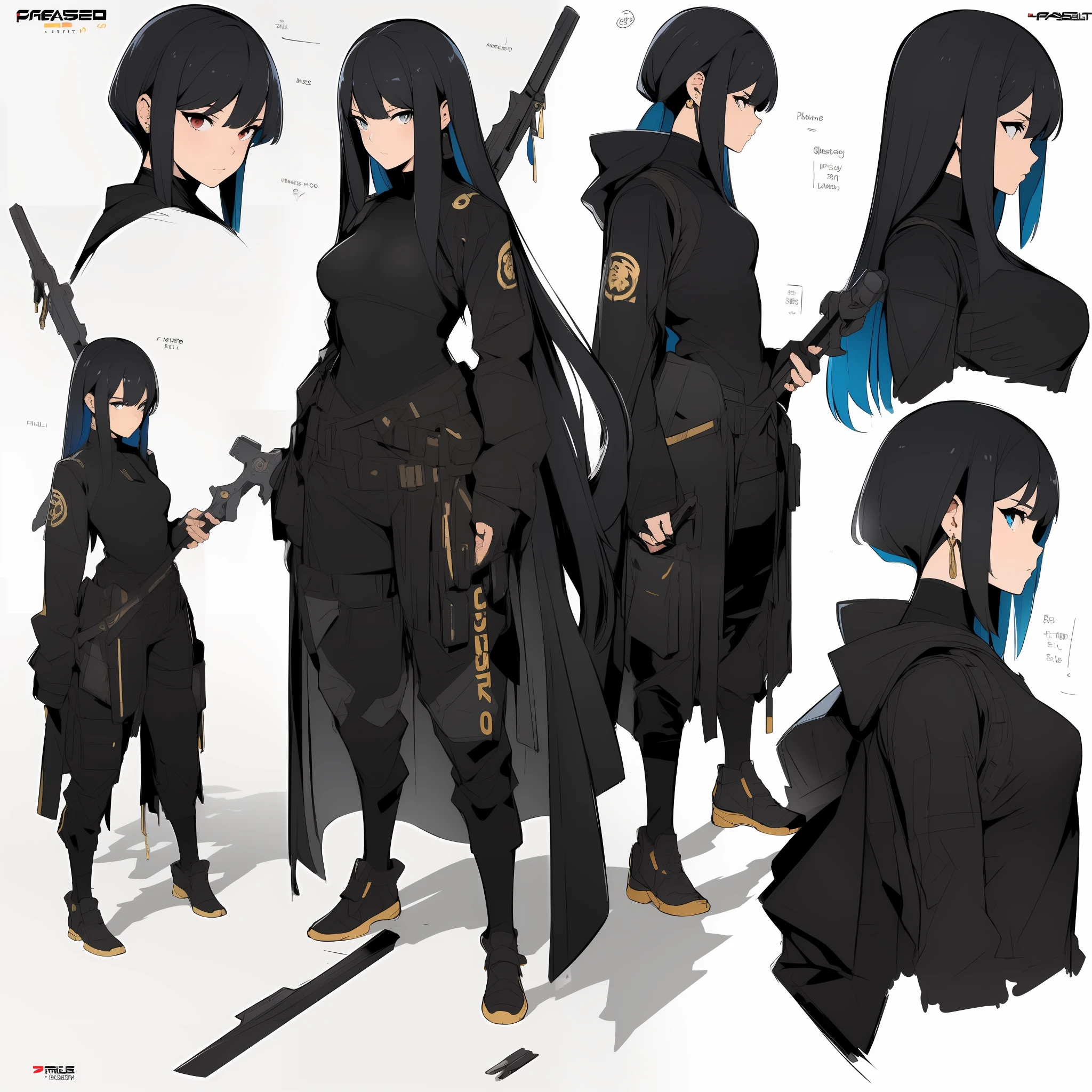 Masterpiece,Best quality,offcial art,Extremely detailed Cg Unity 8K wallpaper,1girll, Black and gold combat uniform,Long weapons,blue gradient hair,character design,juesesheji,simplebackground,parchment,Sketch line drawings。