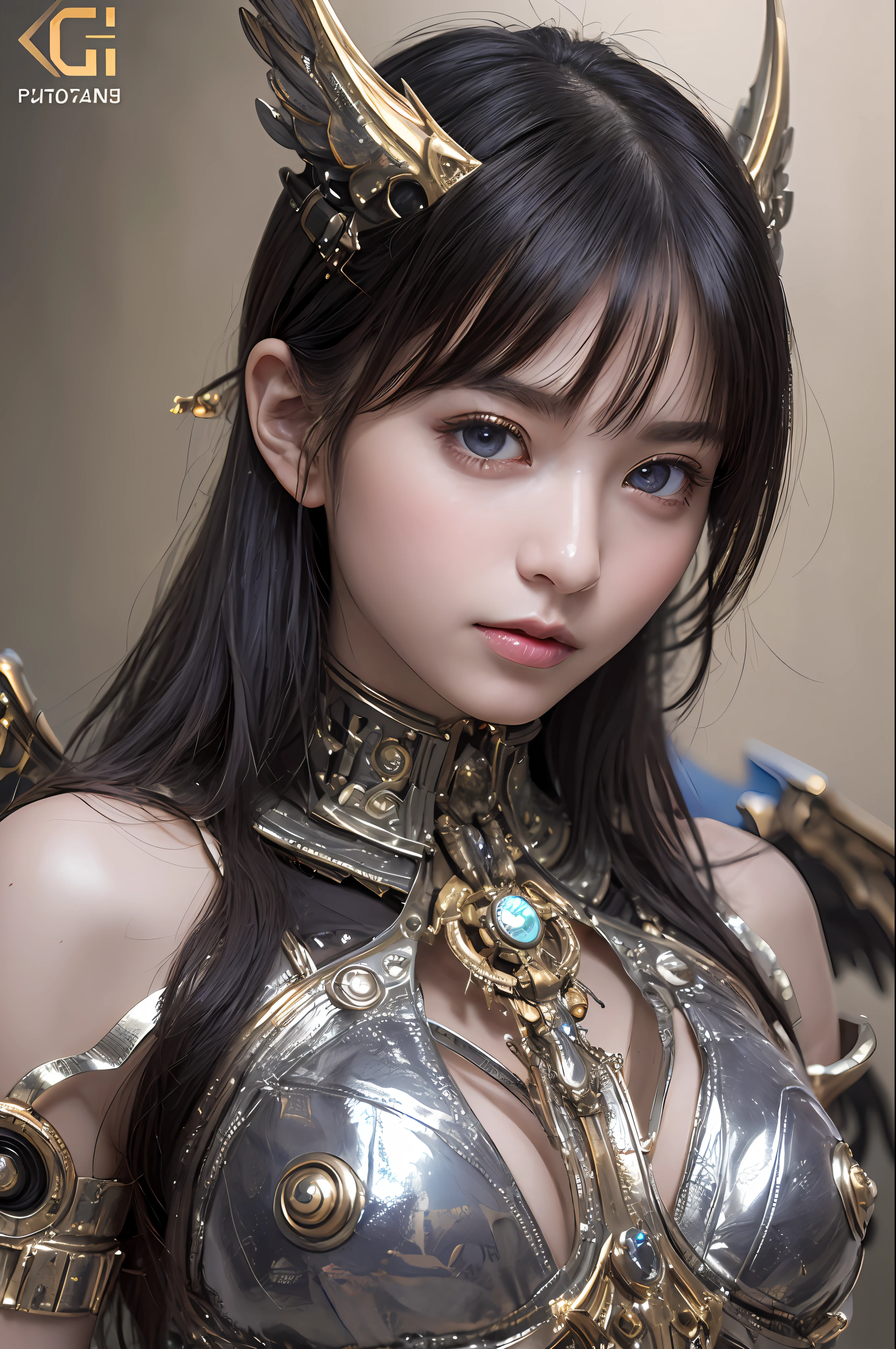 top-quality、​masterpiece、超A high resolution、(Photorealsitic:1.4)、Raw photo、女の子1人、Black hair、glowy skin、1. Mechanical Angel Girl、large metal wings、((super realistic details))、portlate、globalillumination、Shadow、octan render、8K、ultrasharp、Colossal tits、Raw skin is exposed in cleavage、metals、Details of complex ornaments、Steampunk details、Hydraulic cylinder、highly intricate detail、Realistic light、CGSoation Trends、a purple eye、radiant eyes、Facing the camera、neon details、Mechanical limbs、blood vessels connected to tubes、Mechanical vertebrae attached to the back、mechanical cervical attaching to neck、cowboy  shot、Wires and cables connecting to the head、Sumerian details、Small LED lamp、