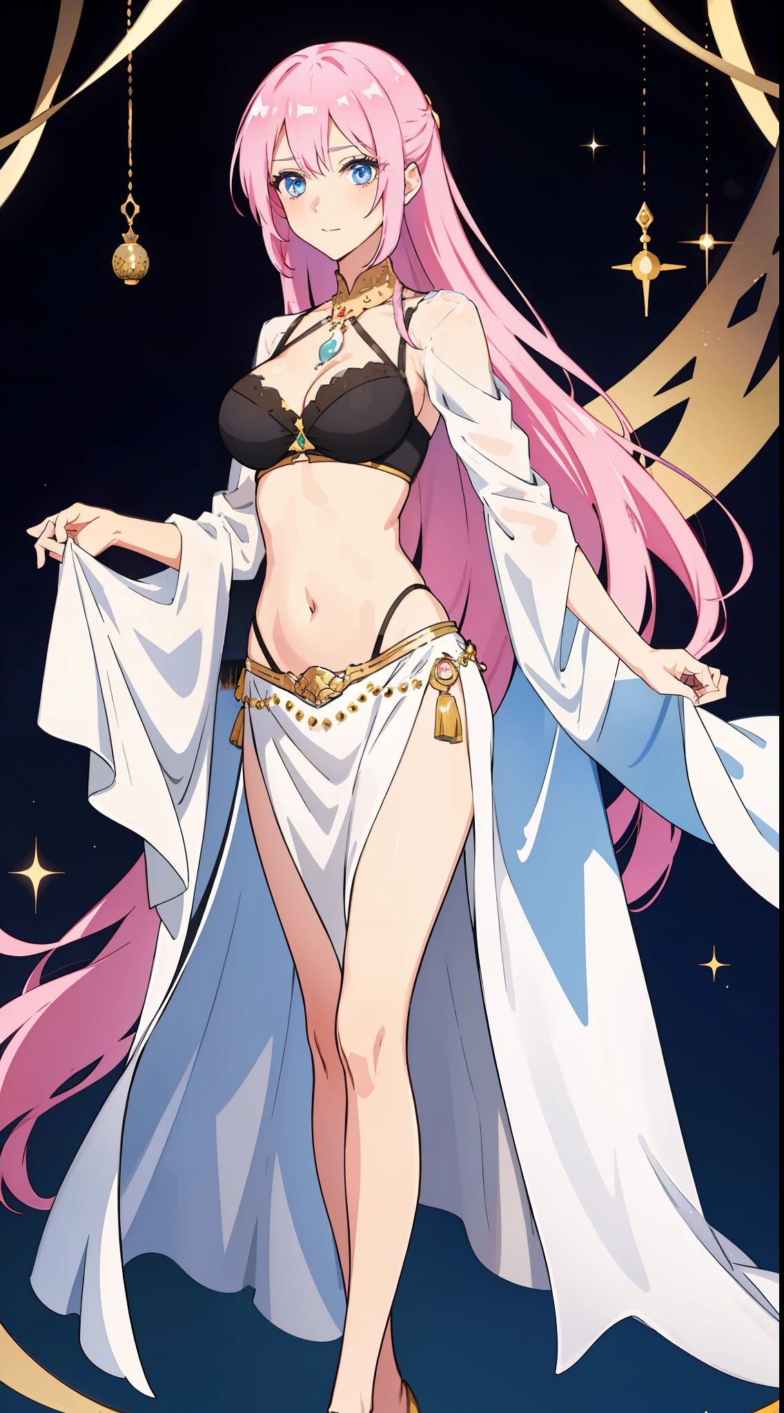shikimori, medium breast, slim legs, , gown, navel, skirt, standing, beautiful eyes, blue eyes, nervous, arabian belly dancer, black wallpaper,
