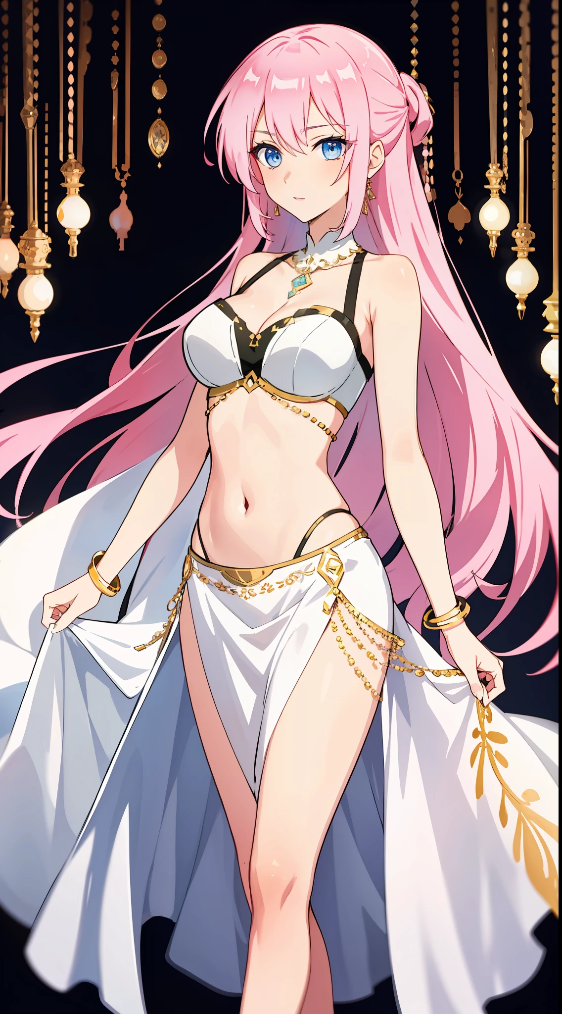 shikimori, medium breast, slim legs, , gown, navel, skirt, standing, beautiful eyes, blue eyes, nervous, arabian belly dancer, black wallpaper,