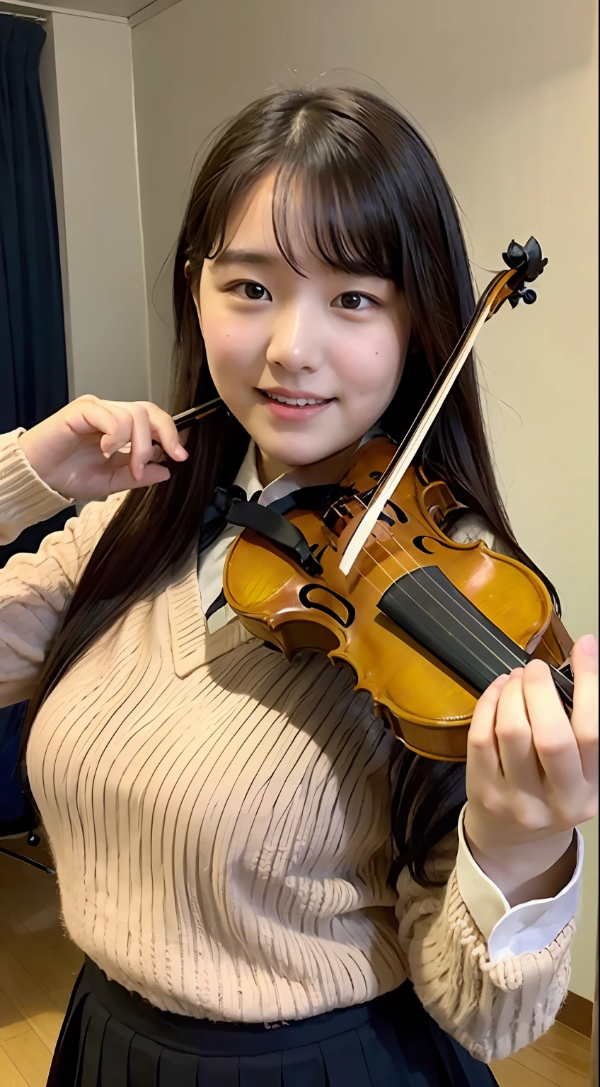 high school student in uniform, knitting, playing the violin, er, 16 years old,big breasts,