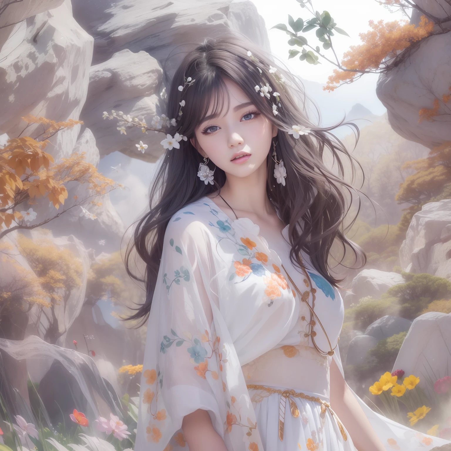 stechu,(white background:1.4), ((tachi-e)), original,(illustration:1.1),(best quality),(masterpiece:1.1),(extremely detailed CG unity 8k wallpaper:1.1), (colorful:0.9),(panorama shot:1.4),(solo:1.2), (ink splashing),(color splashing),((watercolor)), clear sharp focus,{ 1girl standing },((korean style )),flower background,outdoors,rocks, looking at viewer, make happy expressions,soft smile,pure,beautyfull detailed face and eyes,beautyfull intricacy clothing decorative pattern details, black hair,black eyes,colorwater