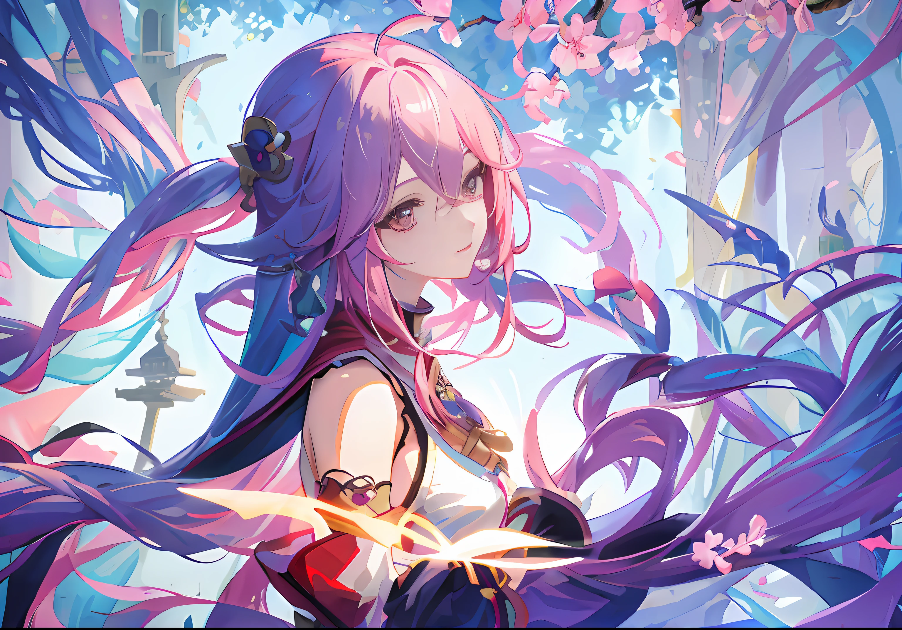 the original god,yae miko,Anime girl with long pink hair and brown eyes standing in front of a cherry blossom tree, fox ear,Fluffy fox tail,golden headdress,Red and white witch costume,Fluffy single-stranded braid,style of anime4 K, aqua from konosuba, Best anime 4k konachan wallpaper, Yae Miko, Anime goddess, Portrait of Fu Hua, , seductive anime girls, Beautiful anime girl, Anime wallpaper 4K, Anime wallpaper 4 k, 4K anime wallpaper