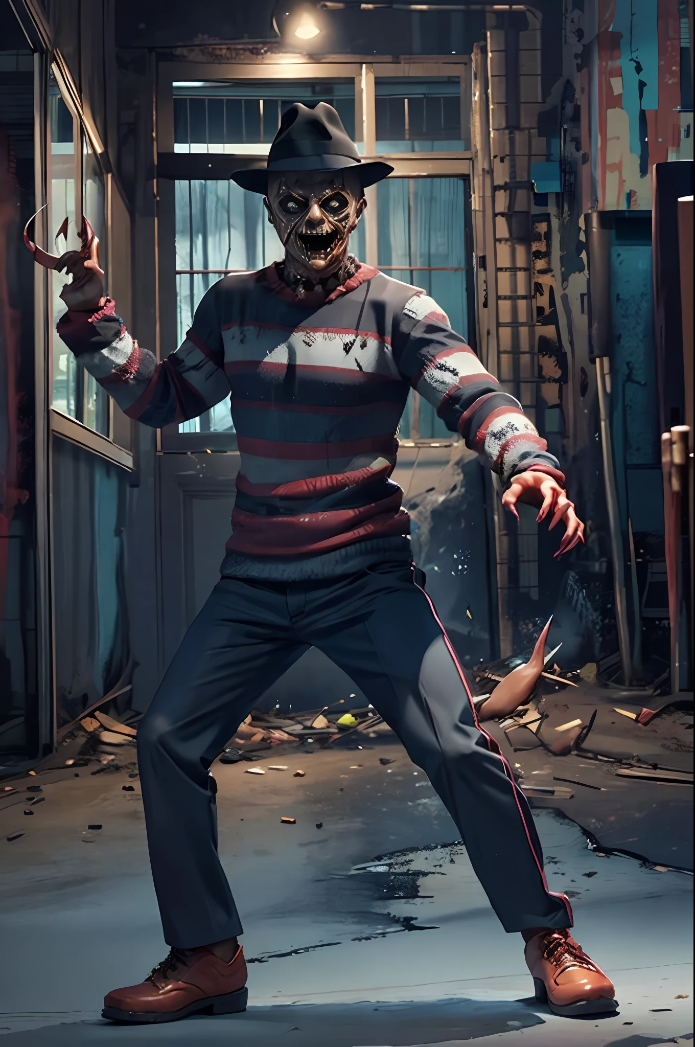 Araffe dressed as a man with a striped sweater and hat, Freddy Krueger, Estilo Freddy Krueger, terror, Close-up de corpo inteiro, imagem detalhada, horror!! altamente detalhado, figura, horror altamente detalhado, hand-carved, animatronic, hand, Filme de terror Slasher, pose assustadora e raivosa, sharp claws on the hand of the glove