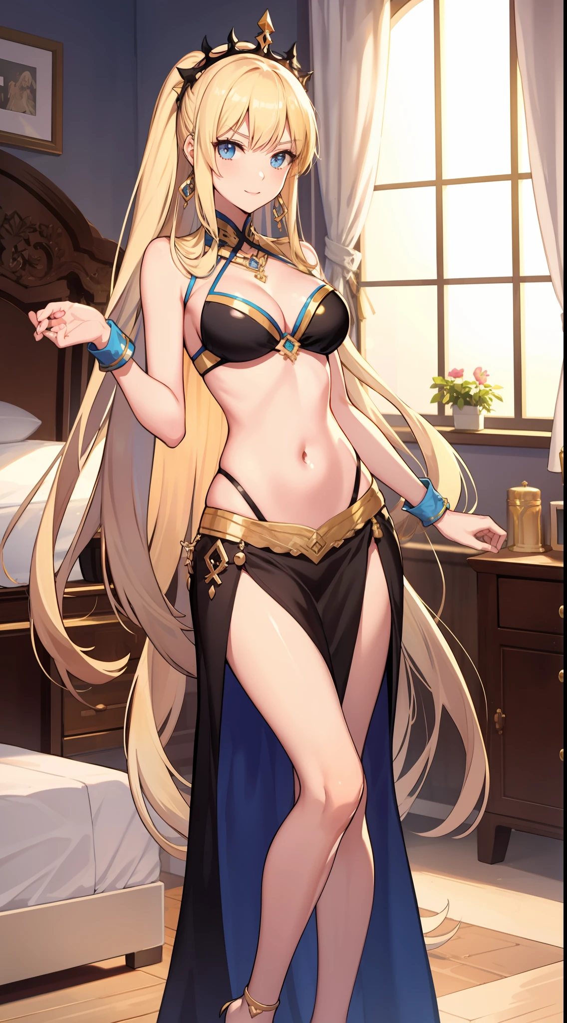 long hair,  medium breast, cleavage, navel, slim legs, morgan fate, blonde hair, gown, happy, skirt, standing, bedroom, arabian belly dancer